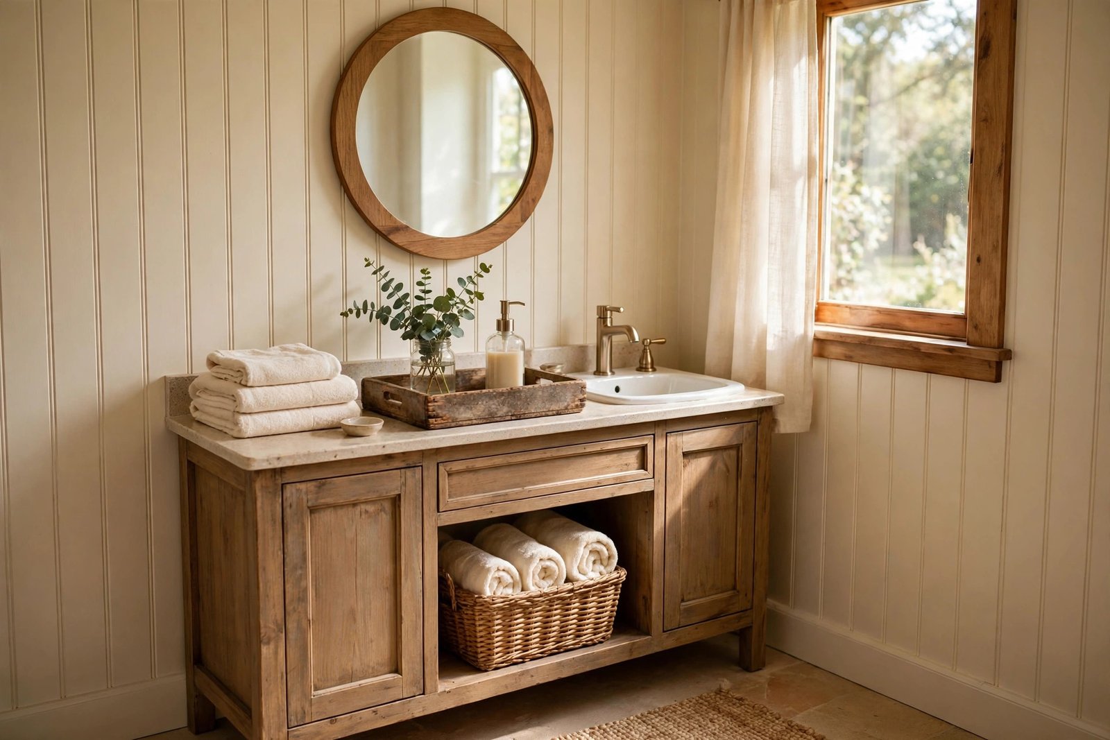 Small bathroom makeover with budget-friendly storage, mirrors, and decor