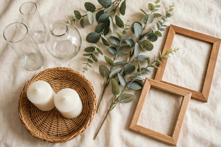 Dollar store home decor finds arranged on a shelf