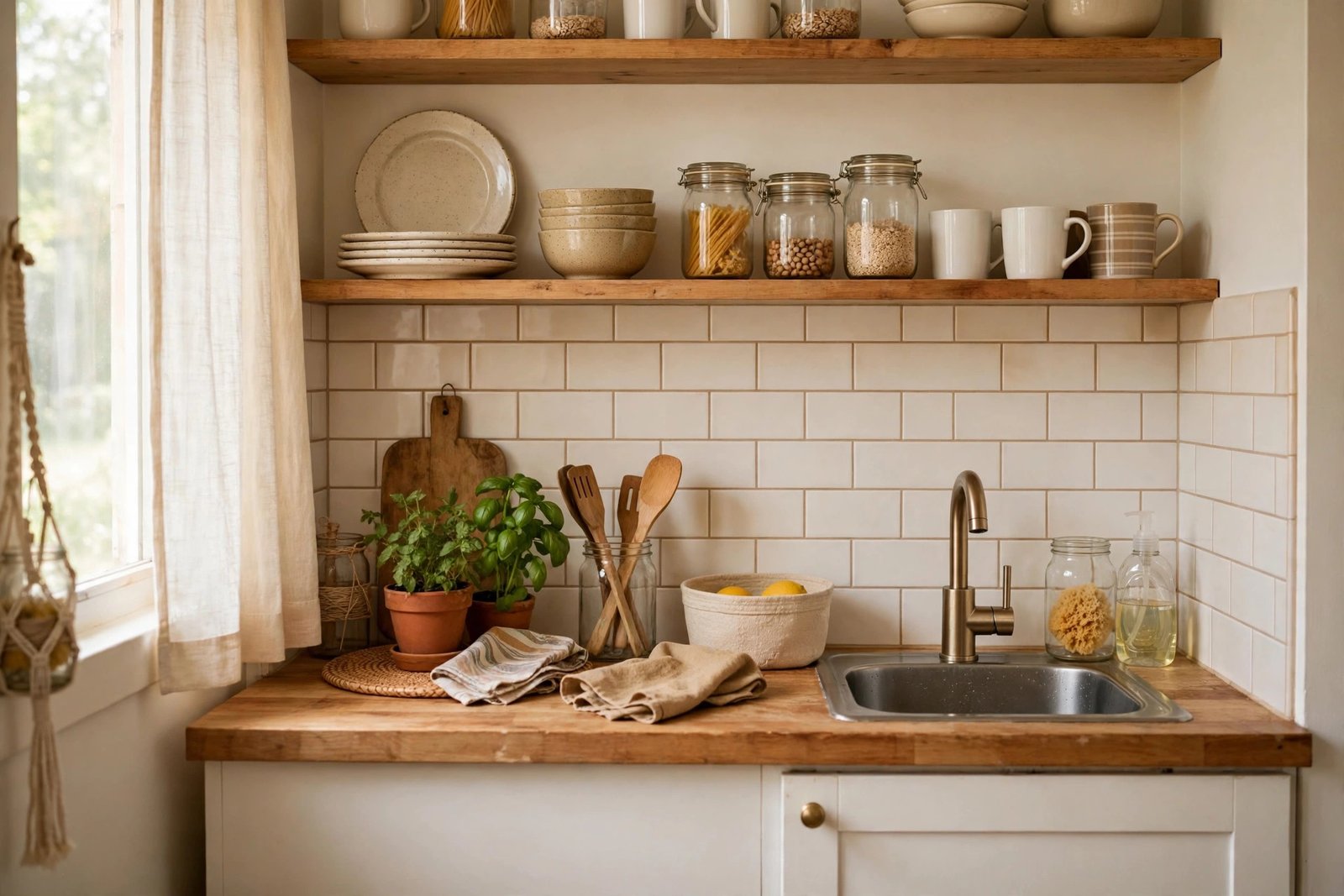Bright kitchen updated on a budget with simple swaps and thrifted accessories