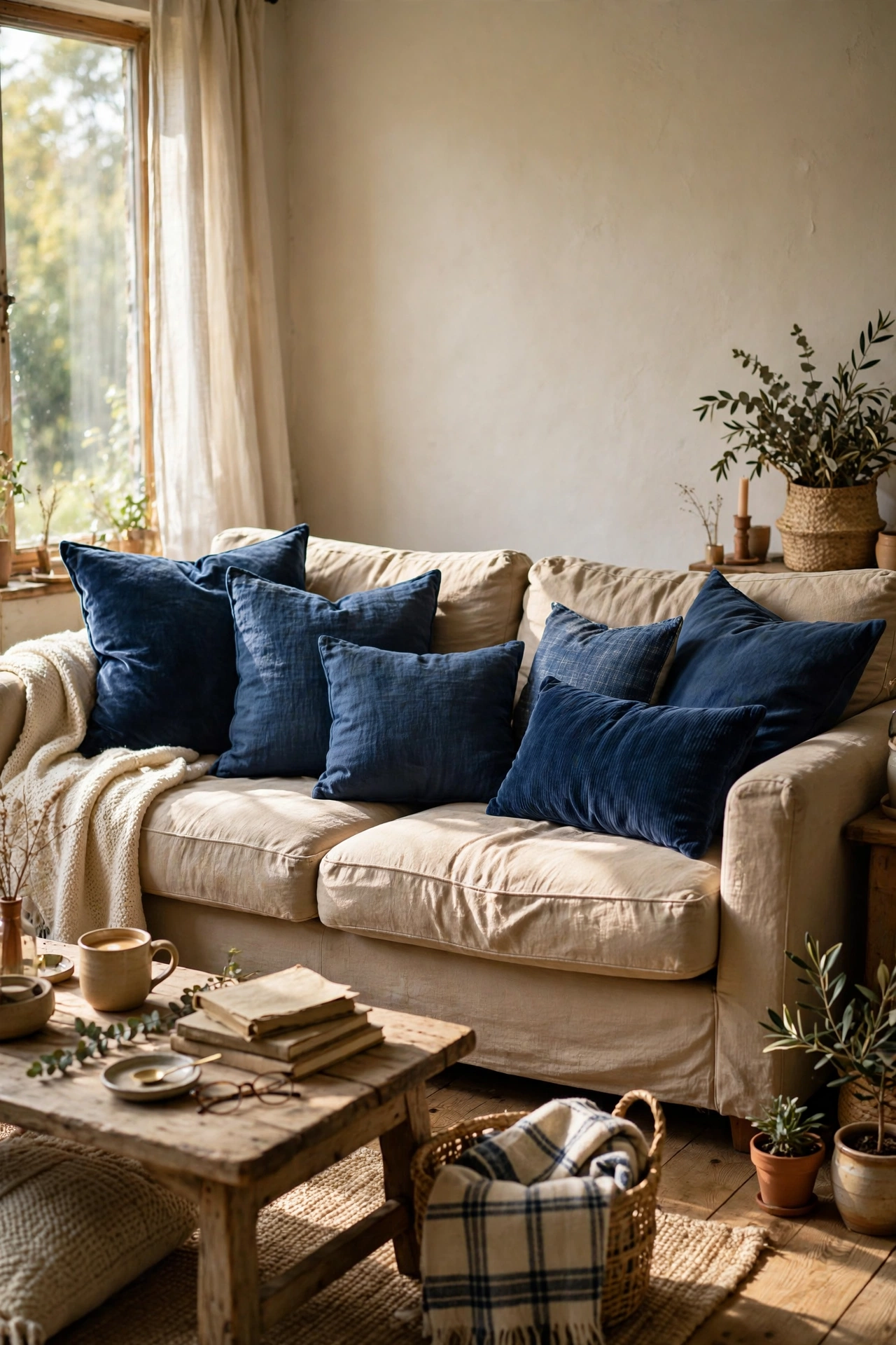 Navy blue velvet and linen throw pillows on a beige budget sofa in a cozy living room