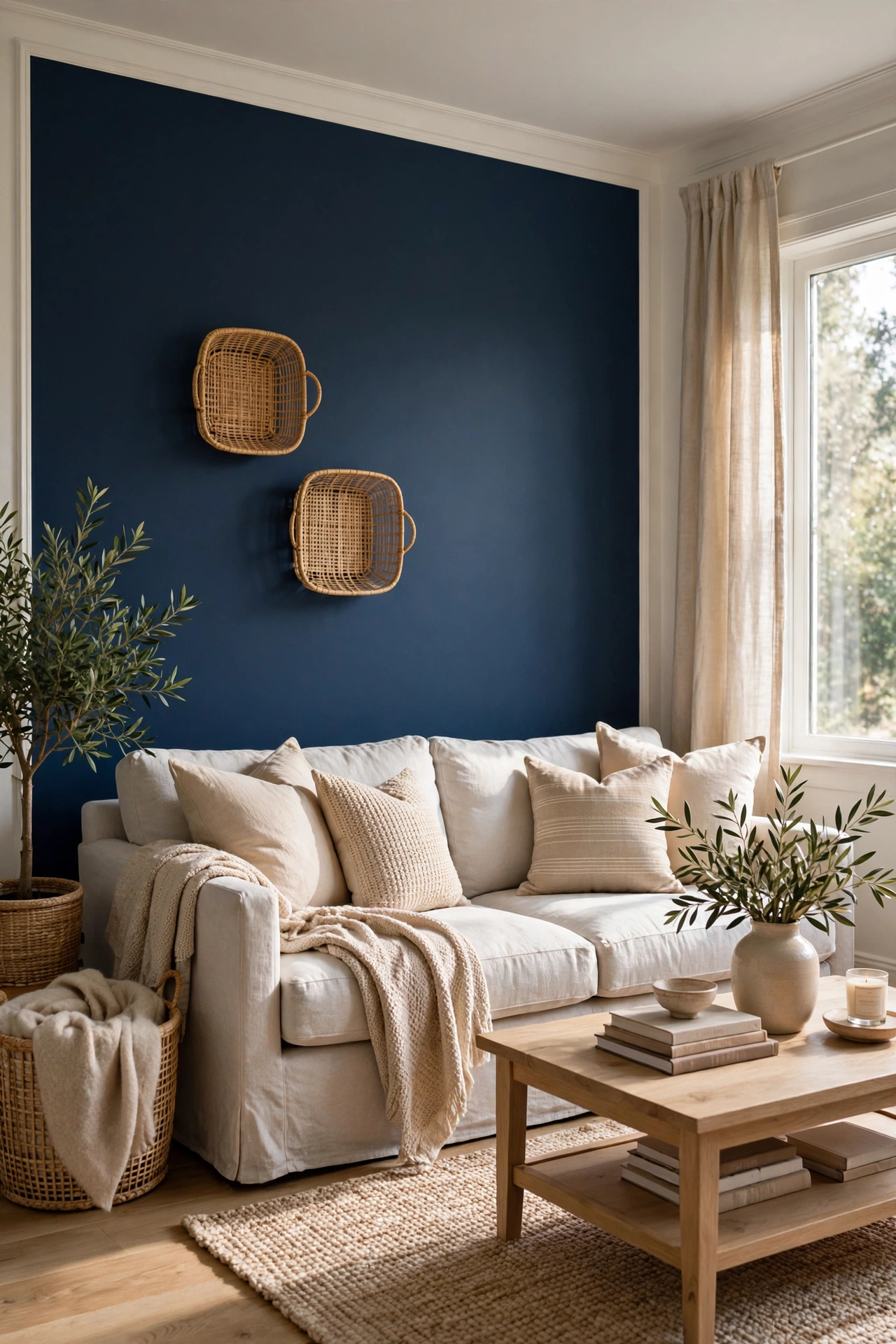 Living room with one navy blue painted accent wall behind a light sofa and white trim