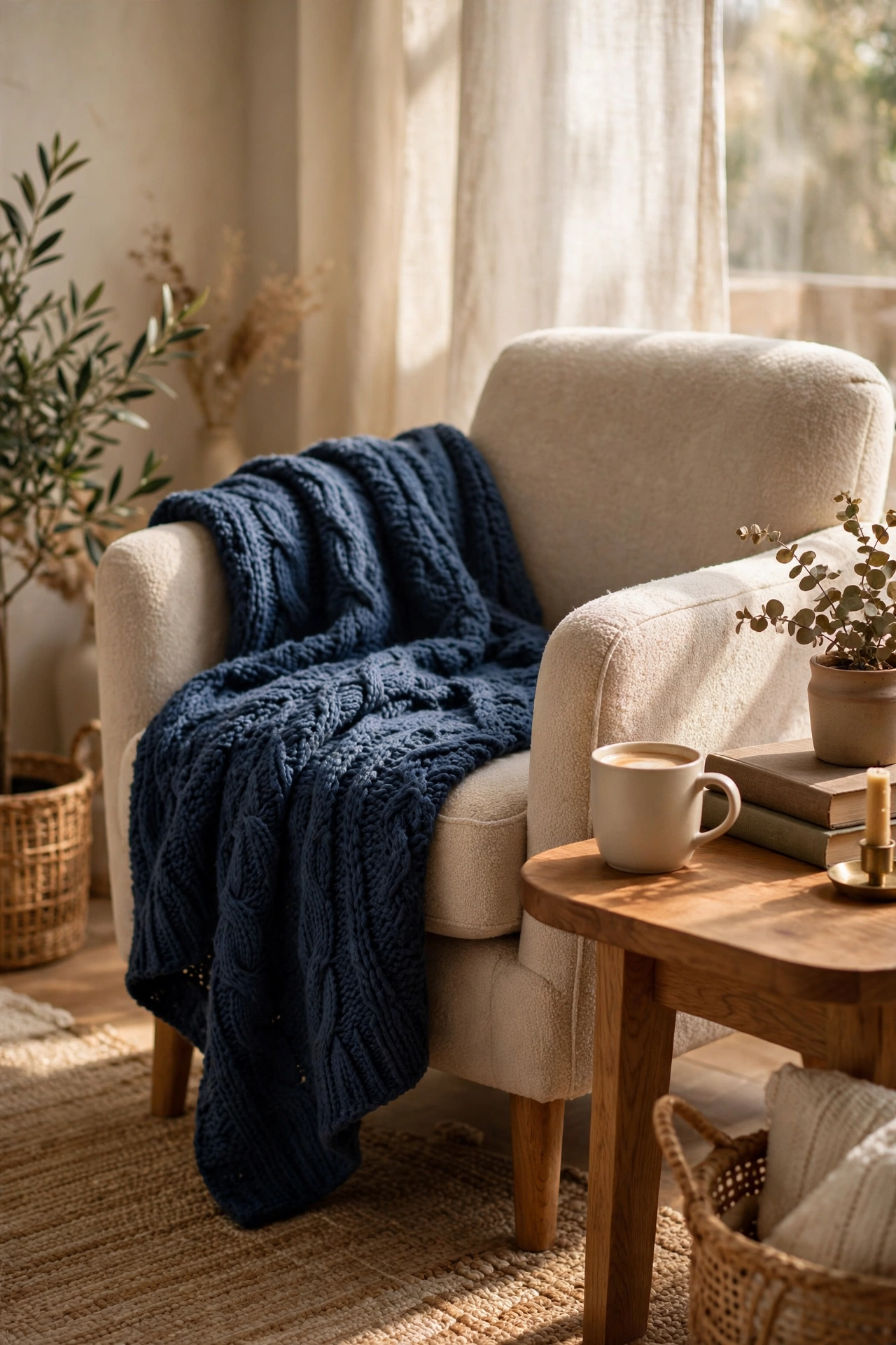 Chunky navy blue knit throw blanket draped over a reading chair arm in a budget living room
