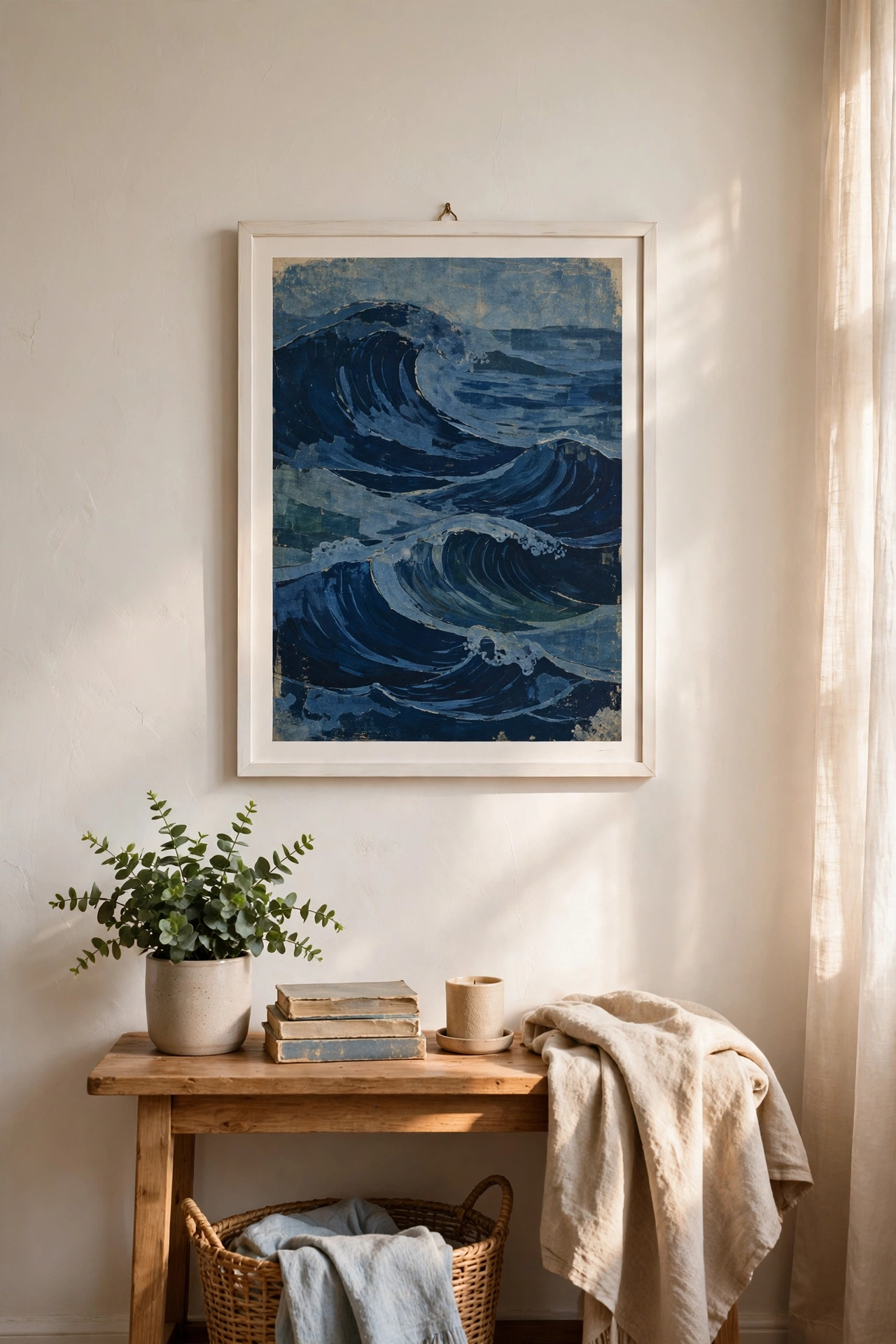 Thrifted ocean print with navy tones in a white frame hanging on a living room wall