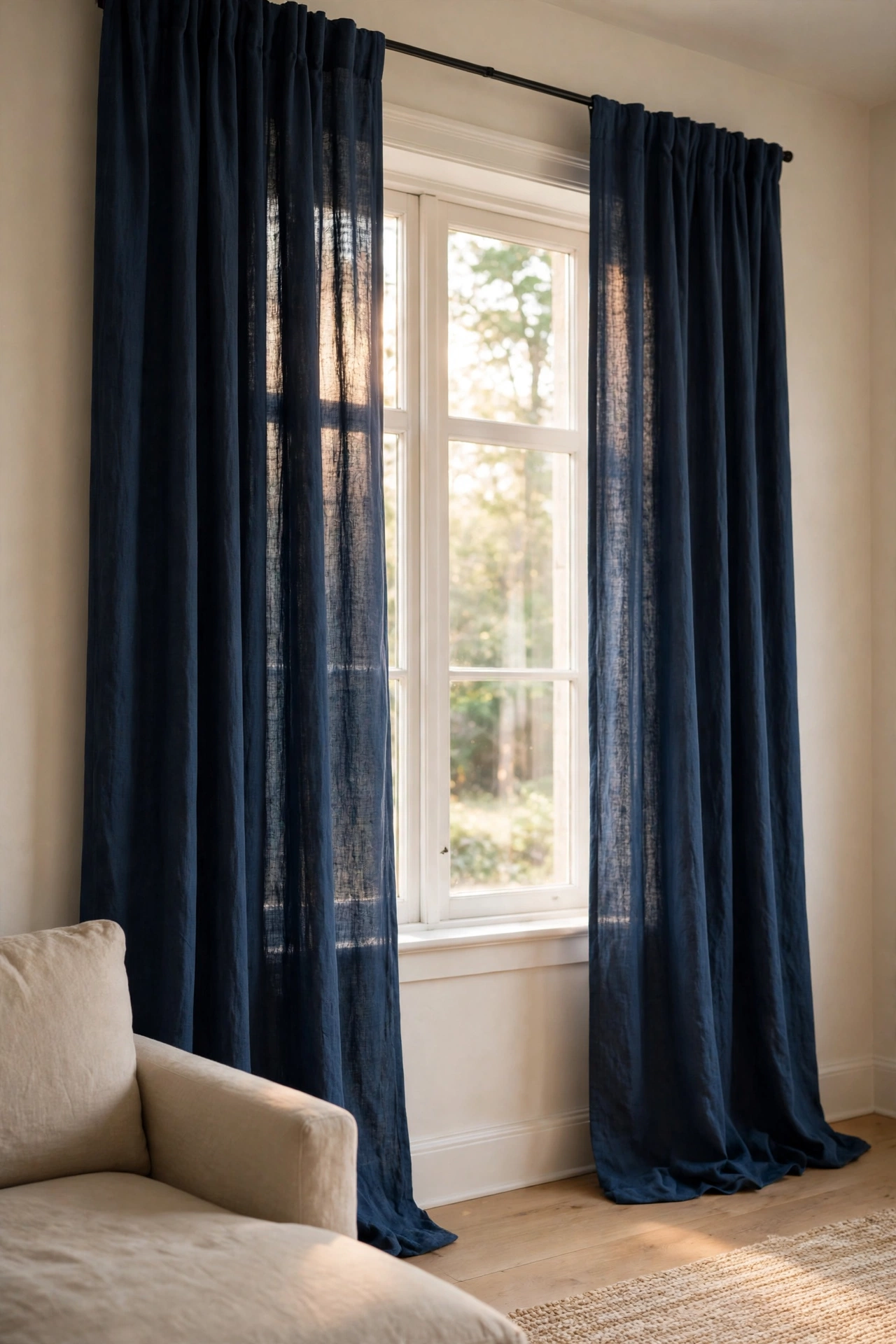Navy blue curtain panels hung high and wide on a living room window letting in daylight
