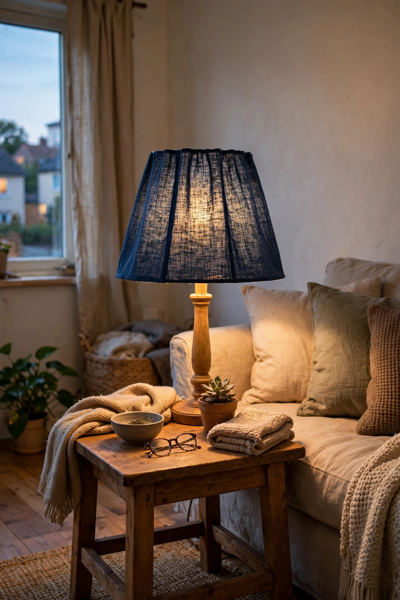 Table lamp with a DIY navy blue fabric lamp shade glowing warmly on a side table