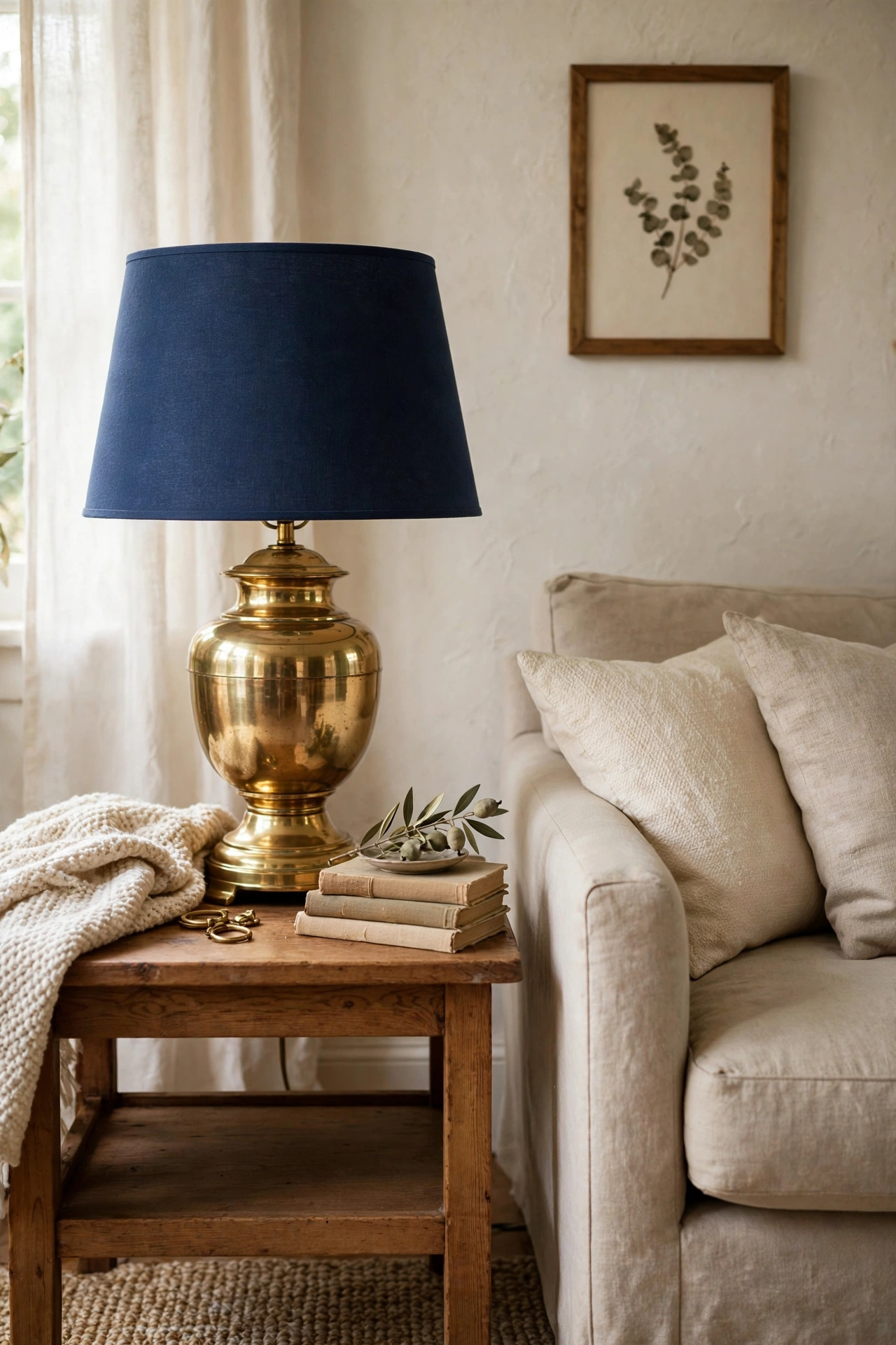 Thrifted polished brass lamp base with a navy drum shade on a living room side table