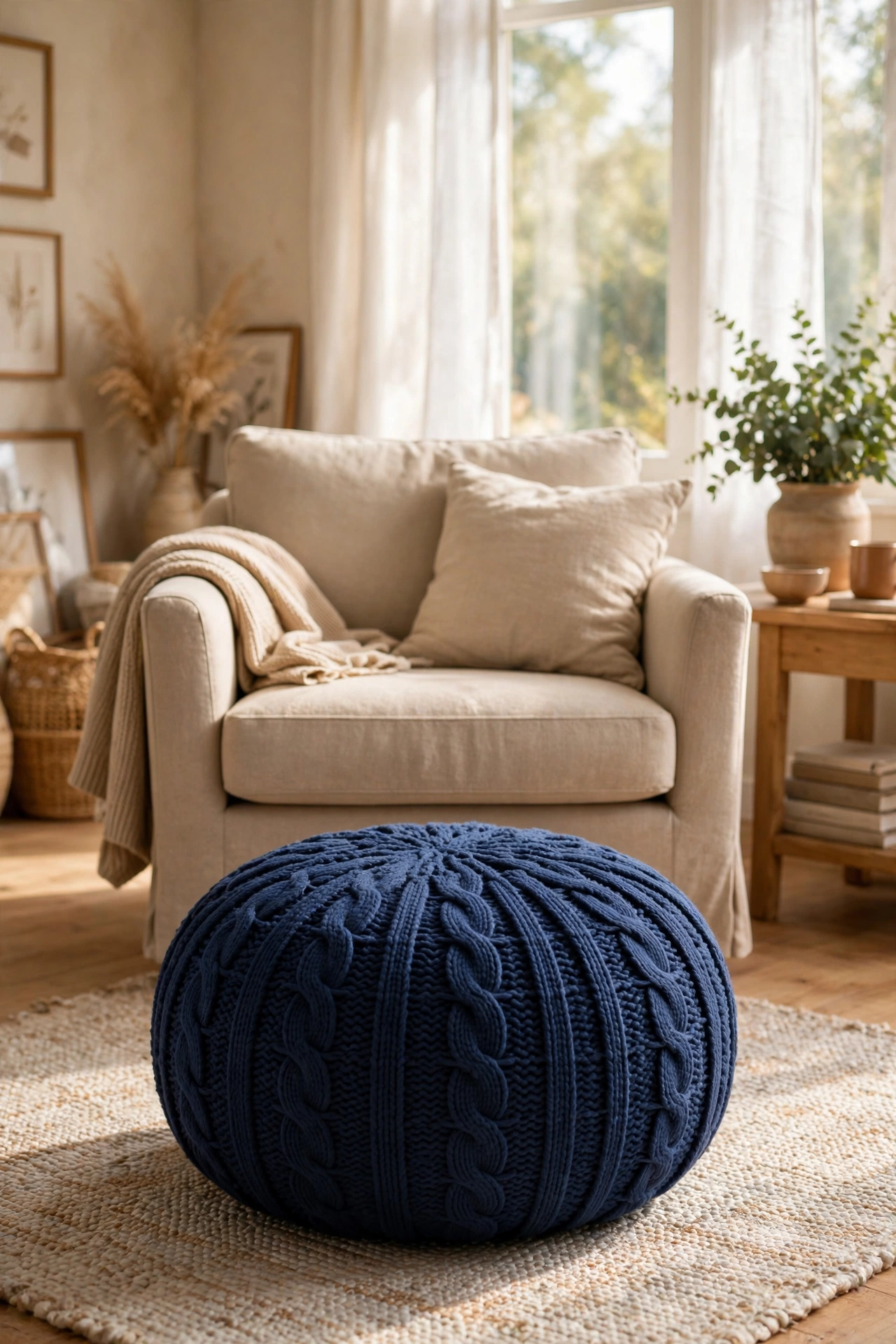 Round navy blue knit pouf ottoman in front of an armchair in a cozy living room