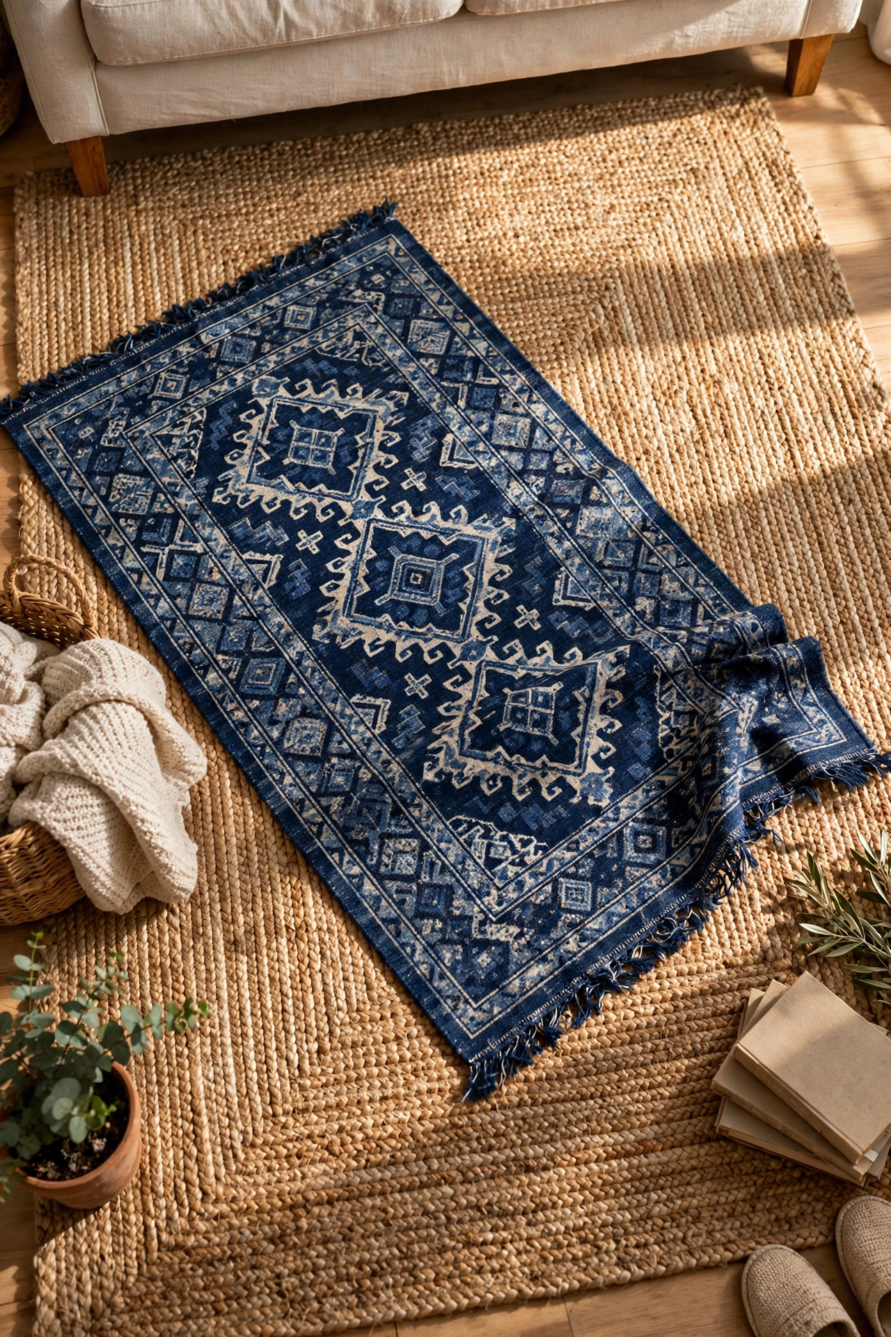 Small navy patterned rug layered over a large natural jute rug in a living room