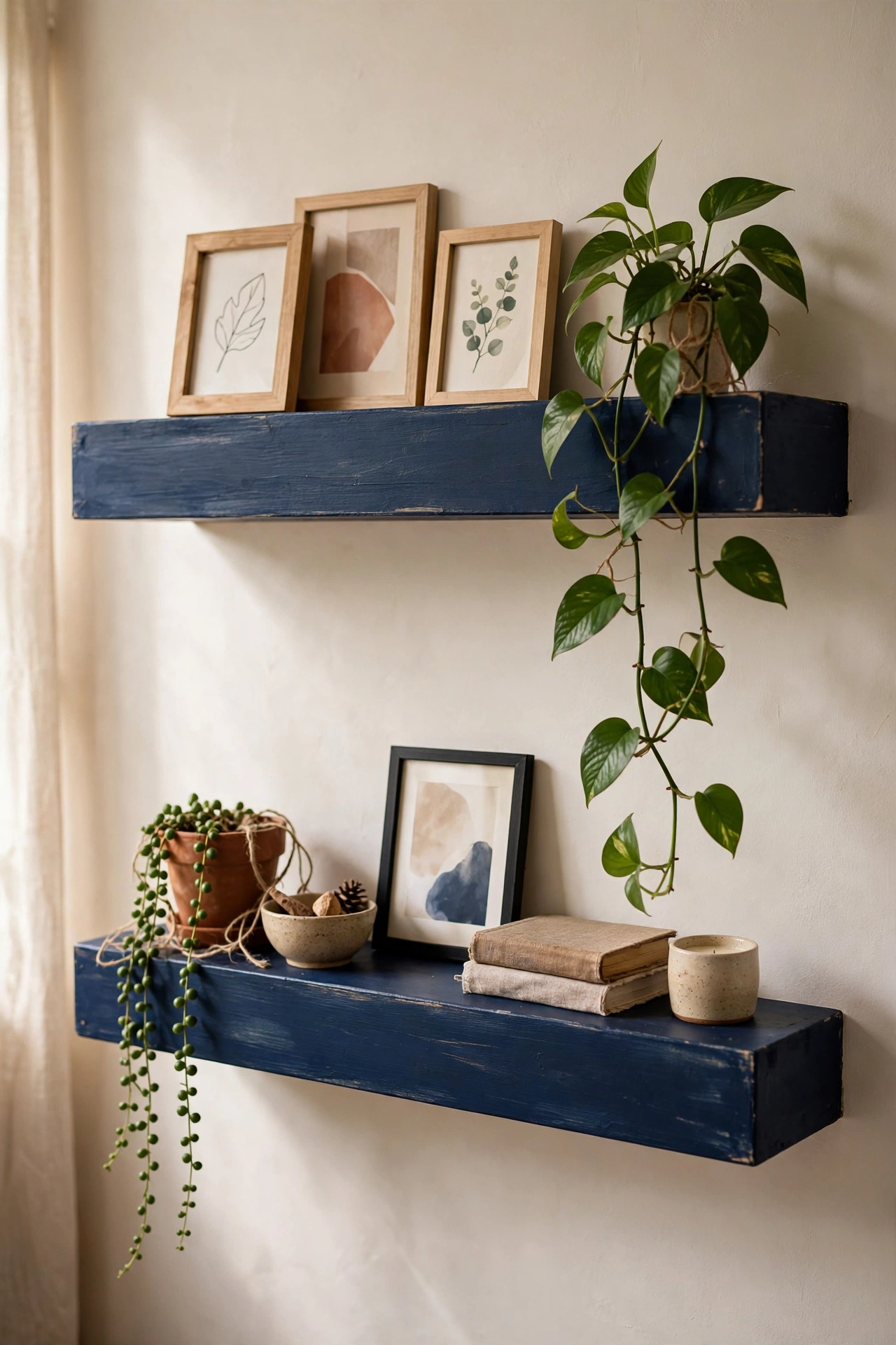 Navy blue painted picture ledges with small frames and a trailing plant on a light wall