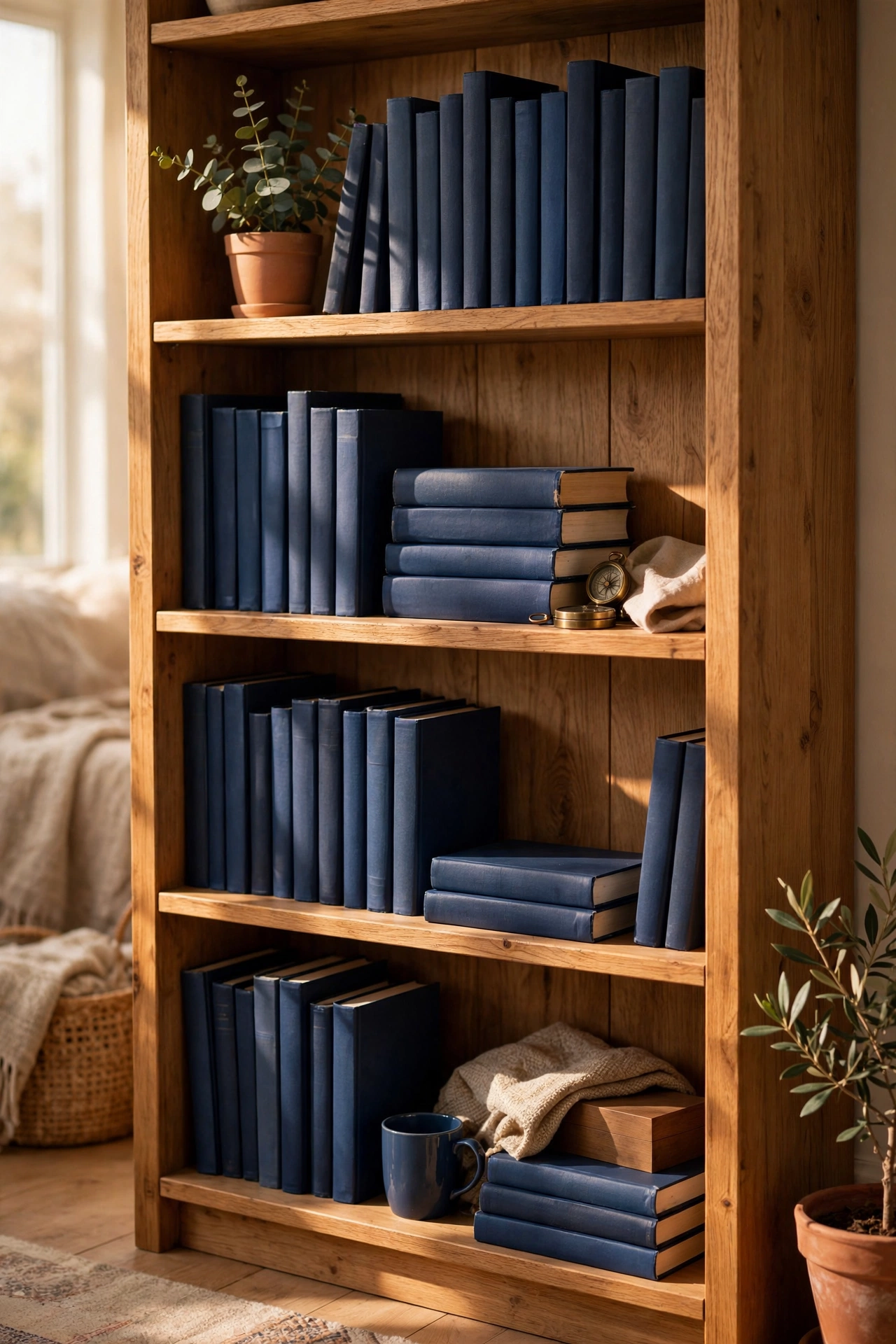 Bookshelf with navy and dark blue books grouped together by color in a living room