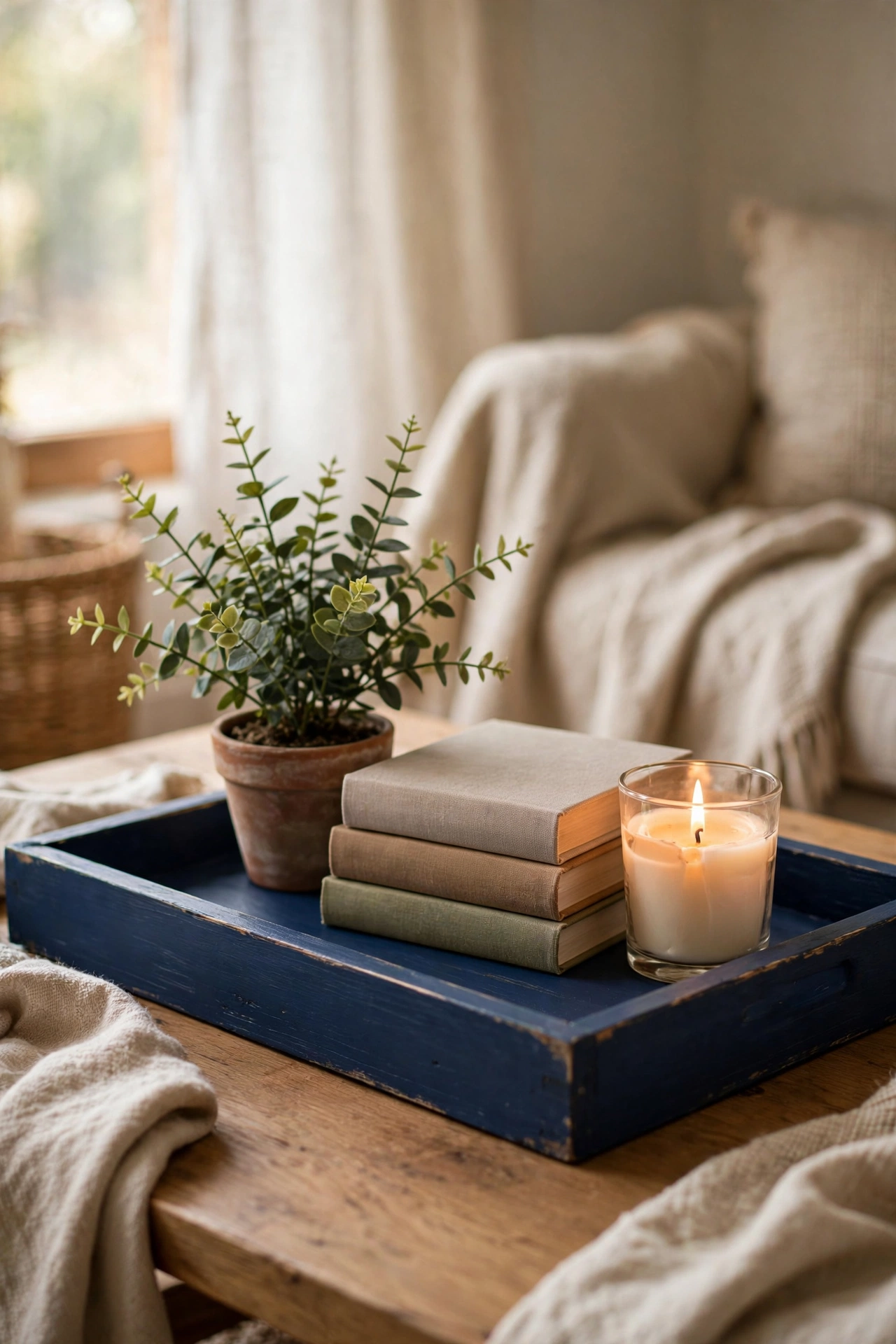 Navy blue painted wooden tray with candle and books styled on a coffee table