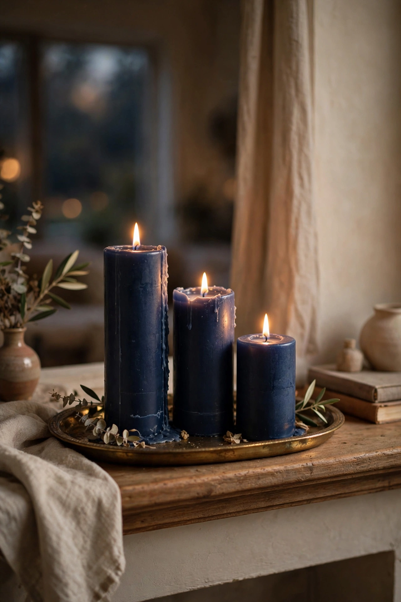 Cluster of three navy blue pillar candles of different heights glowing on a mantel