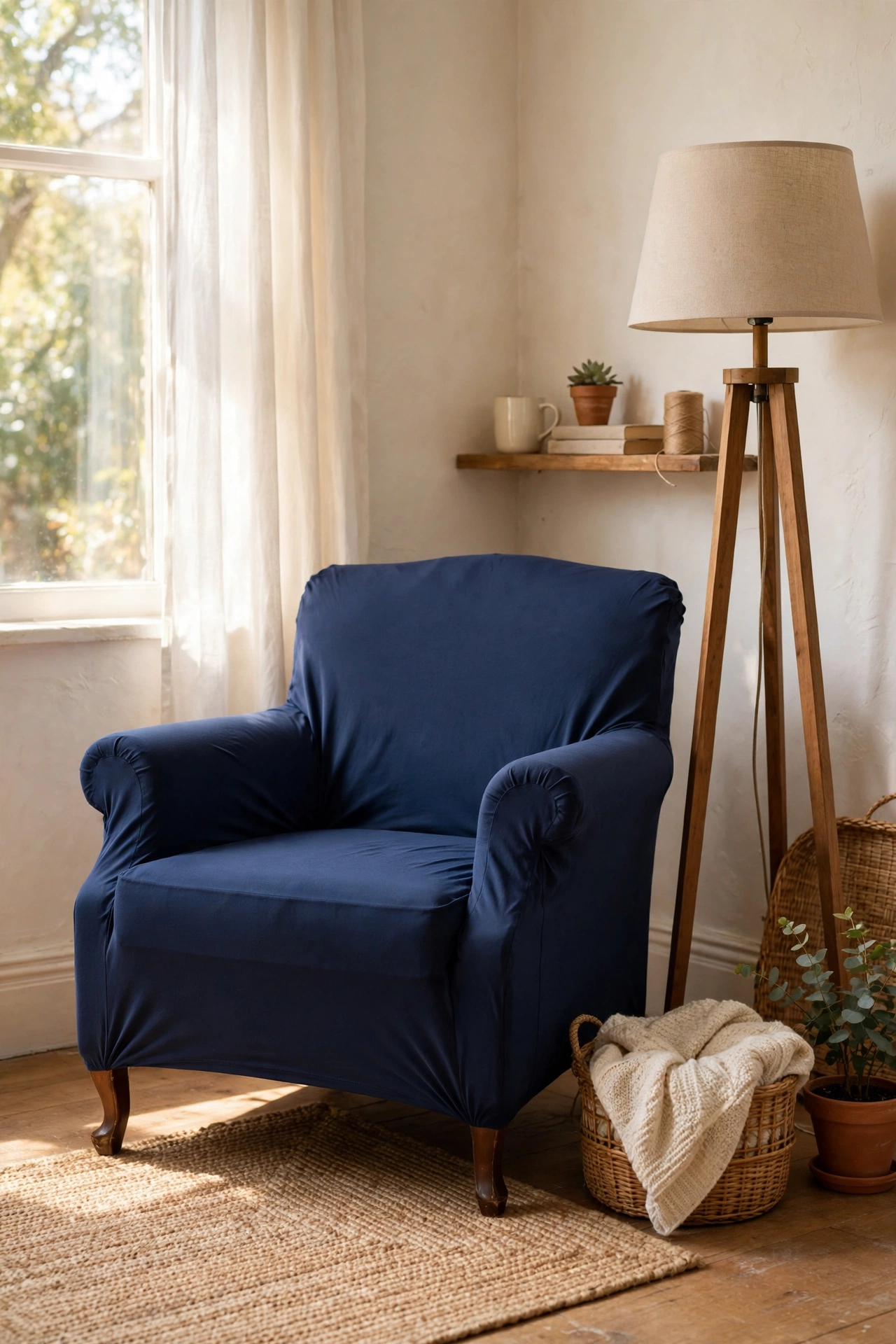 Old armchair covered with a navy blue stretch slipcover in a budget living room