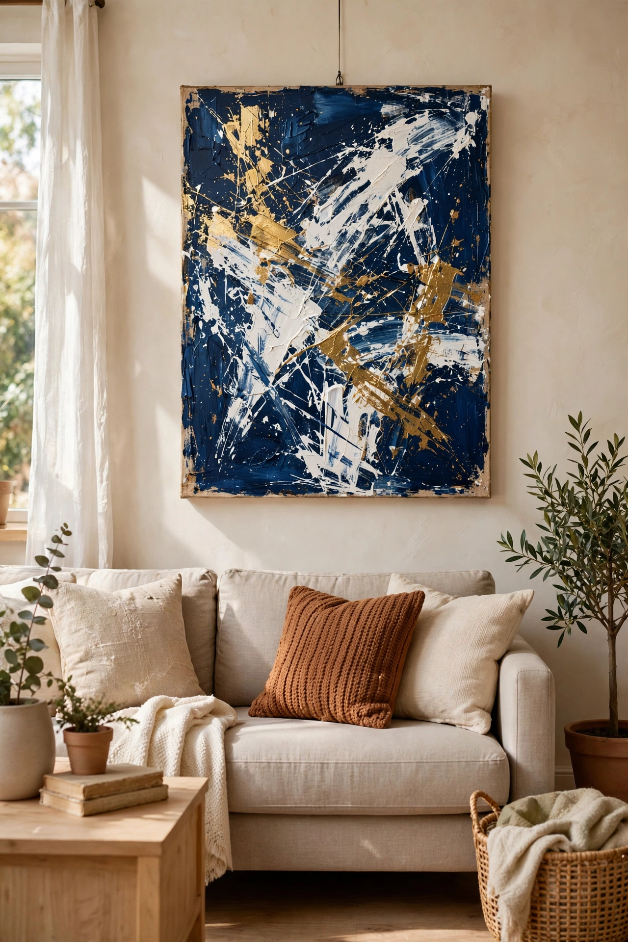 DIY navy blue abstract canvas painting with white and gold strokes above a sofa
