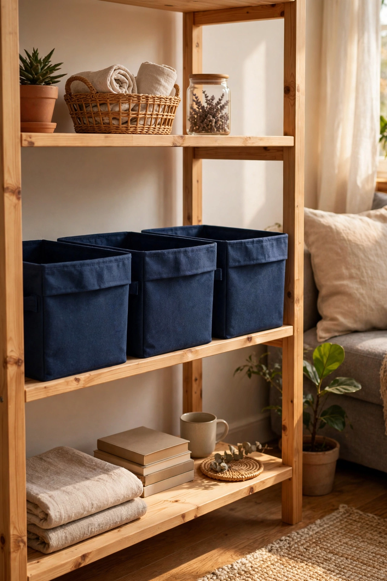 Three navy blue fabric storage baskets on open living room shelving holding remotes
