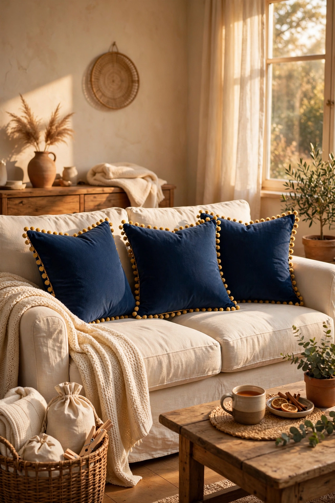 Navy blue throw pillows with gold pom-pom trim on a cream sofa in a living room