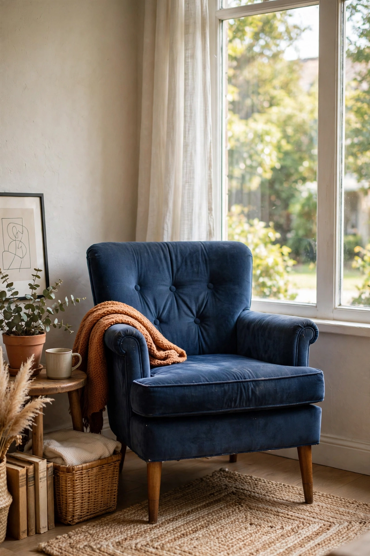 Navy blue upholstered accent chair thrifted from marketplace in a bright living room