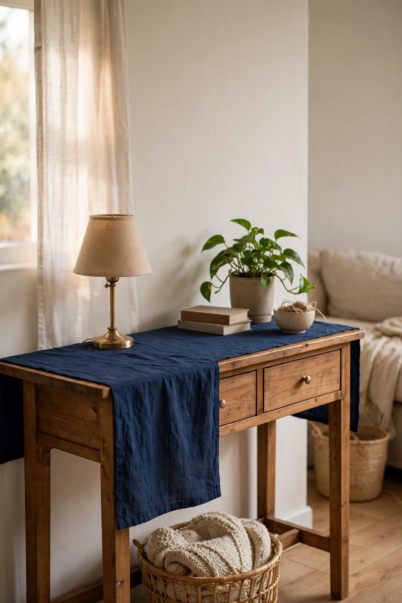 Navy blue fabric table runner on a wooden console table with a small lamp
