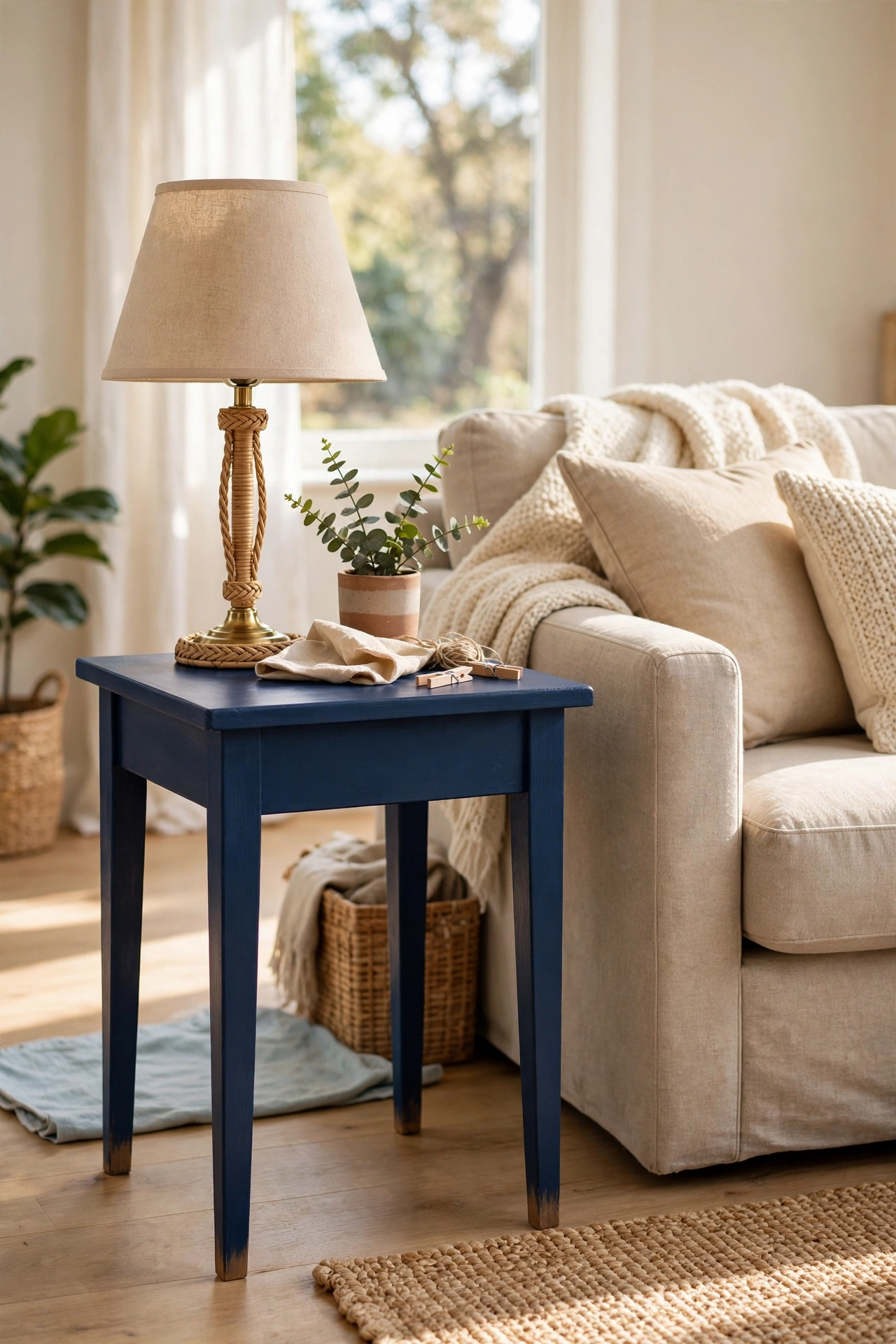 Small wooden side table painted navy blue satin next to a sofa holding a lamp