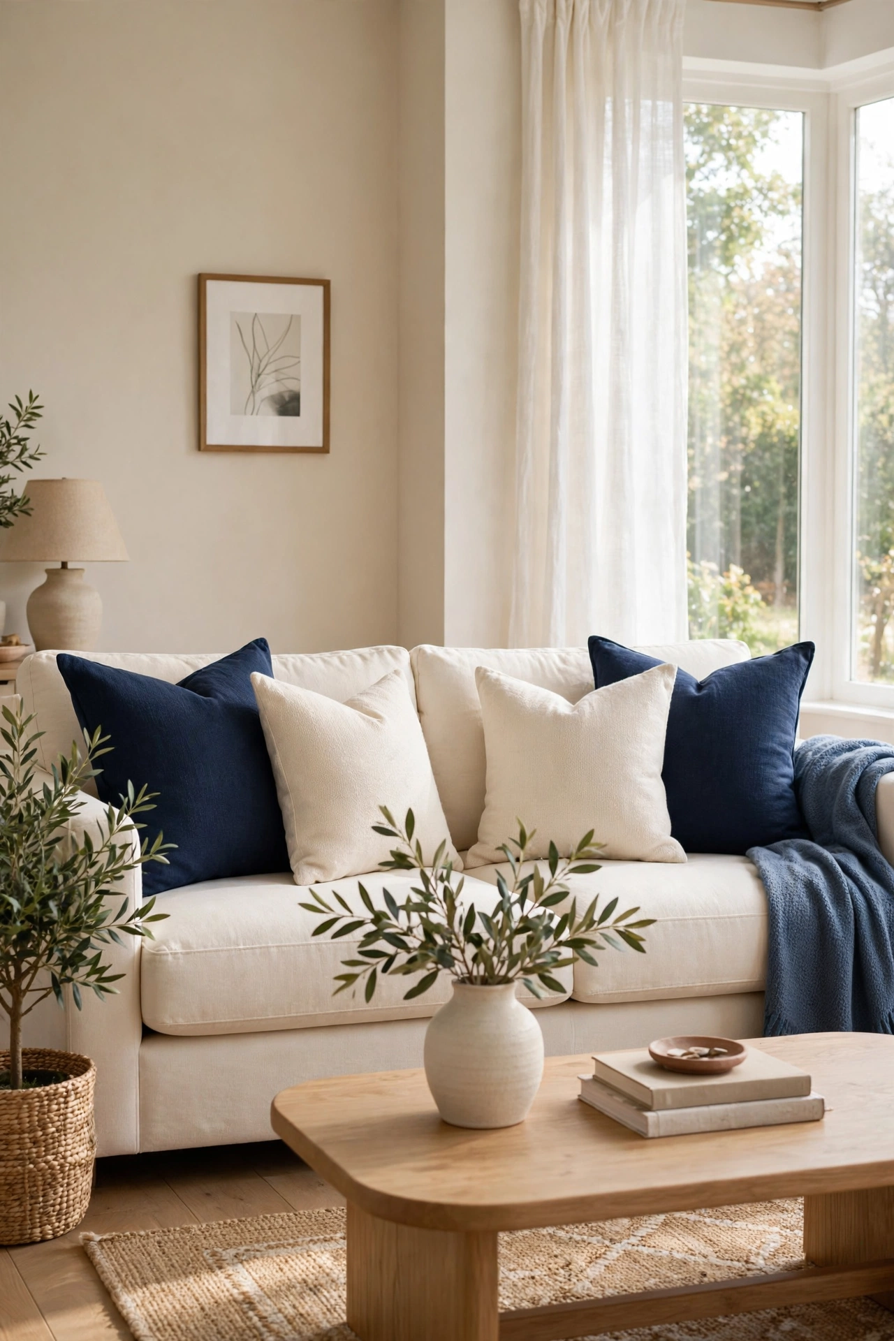 Cream sofa styled with a mix of navy blue and cream throw pillows in a living room