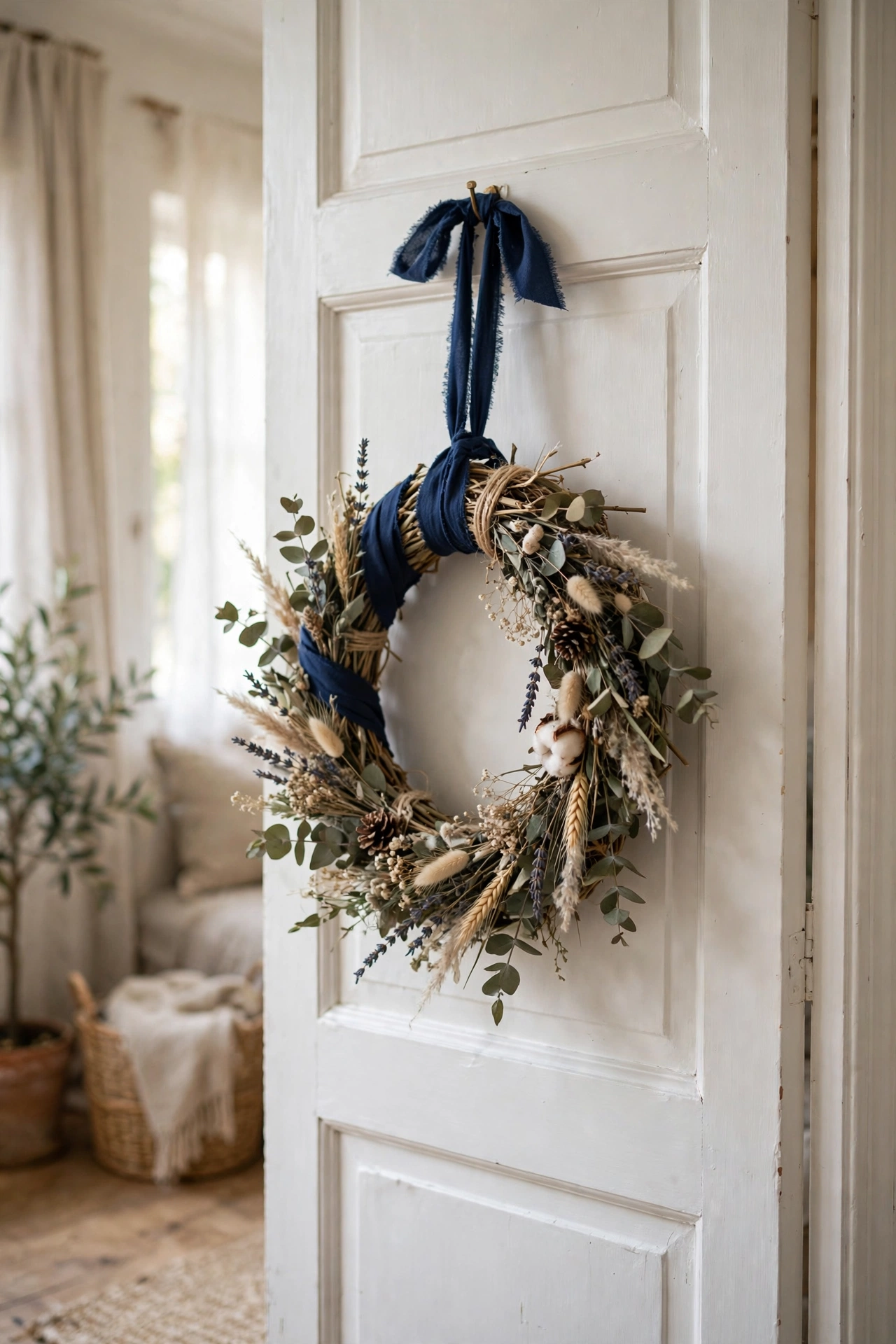 Handmade navy blue ribbon wreath hanging on a living room interior door