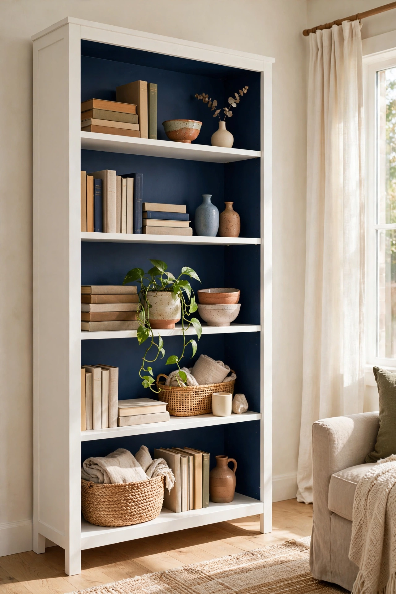 White bookcase with navy blue peel-and-stick wallpaper backing behind styled shelves