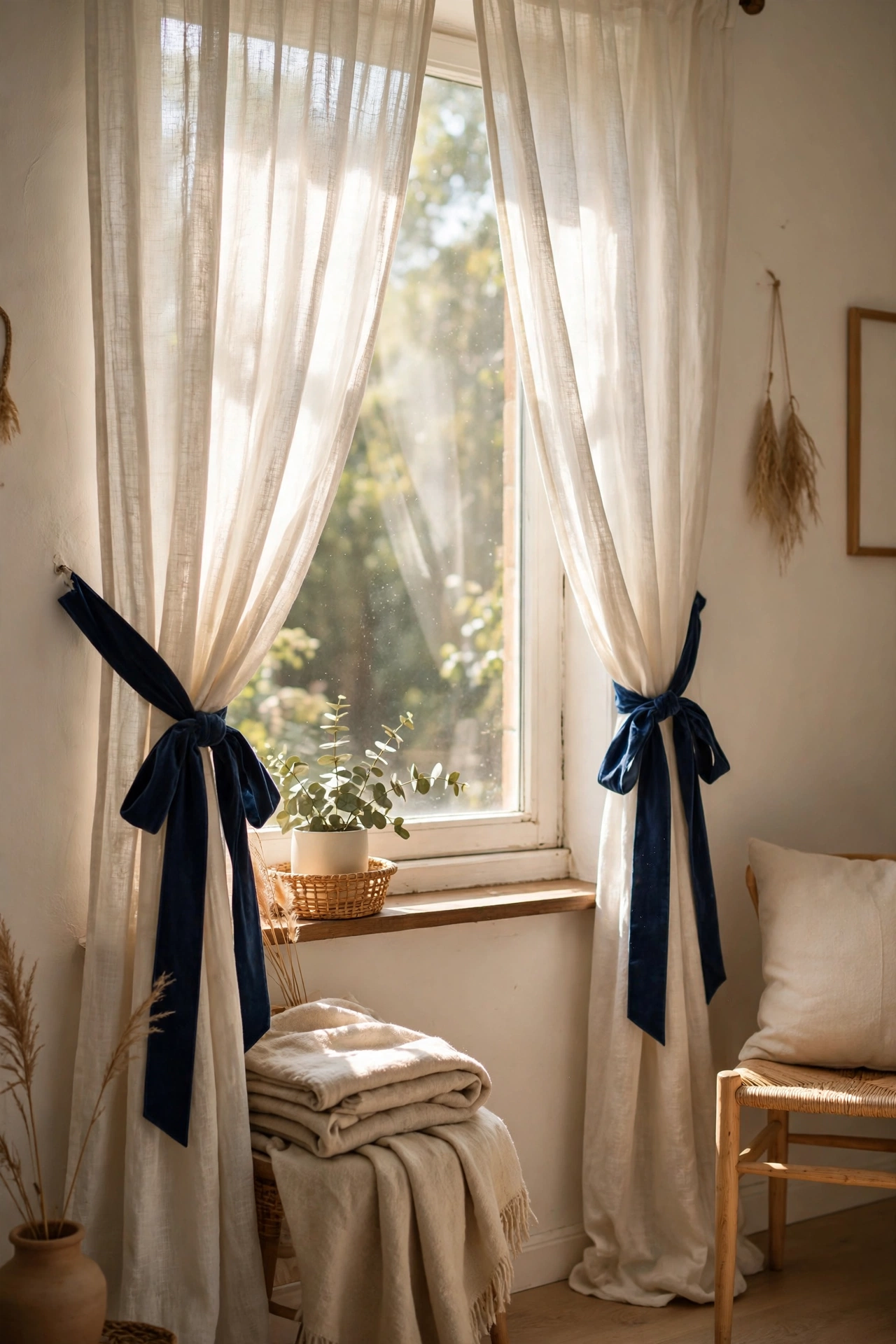 Living room curtains pulled back with wide navy blue velvet ribbon tiebacks