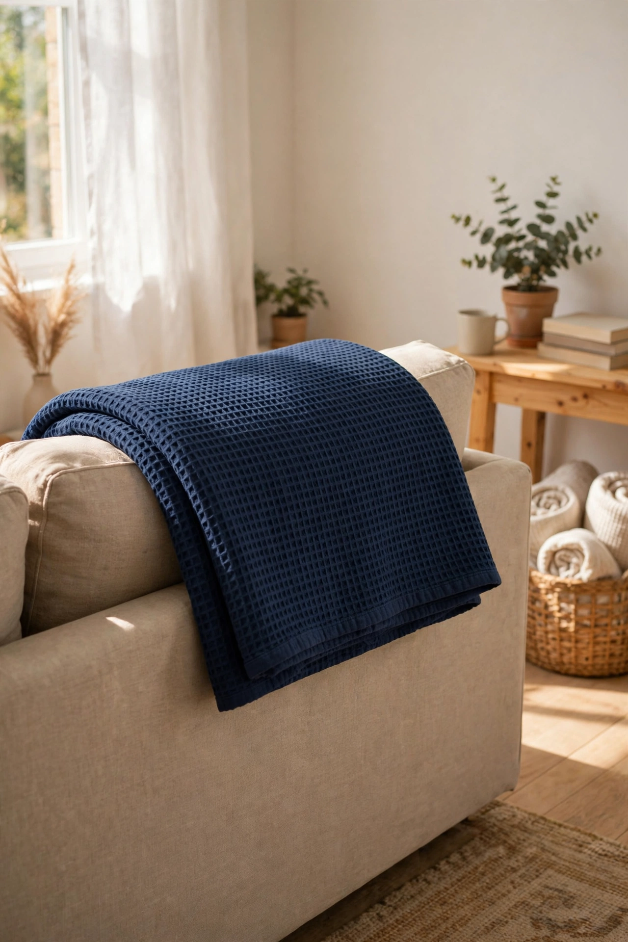 Navy blue waffle-weave throw blanket folded across the back of a neutral sofa