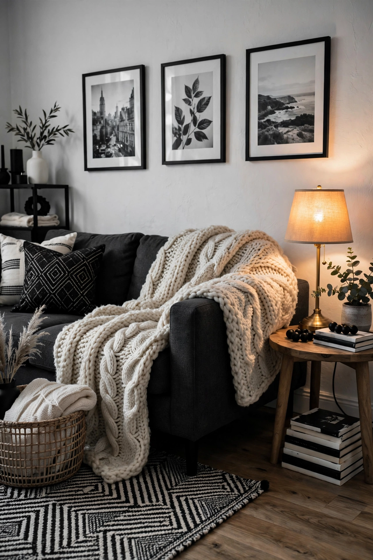 Chunky cream knit throw blanket draped over a dark sofa in a cozy black and white living room