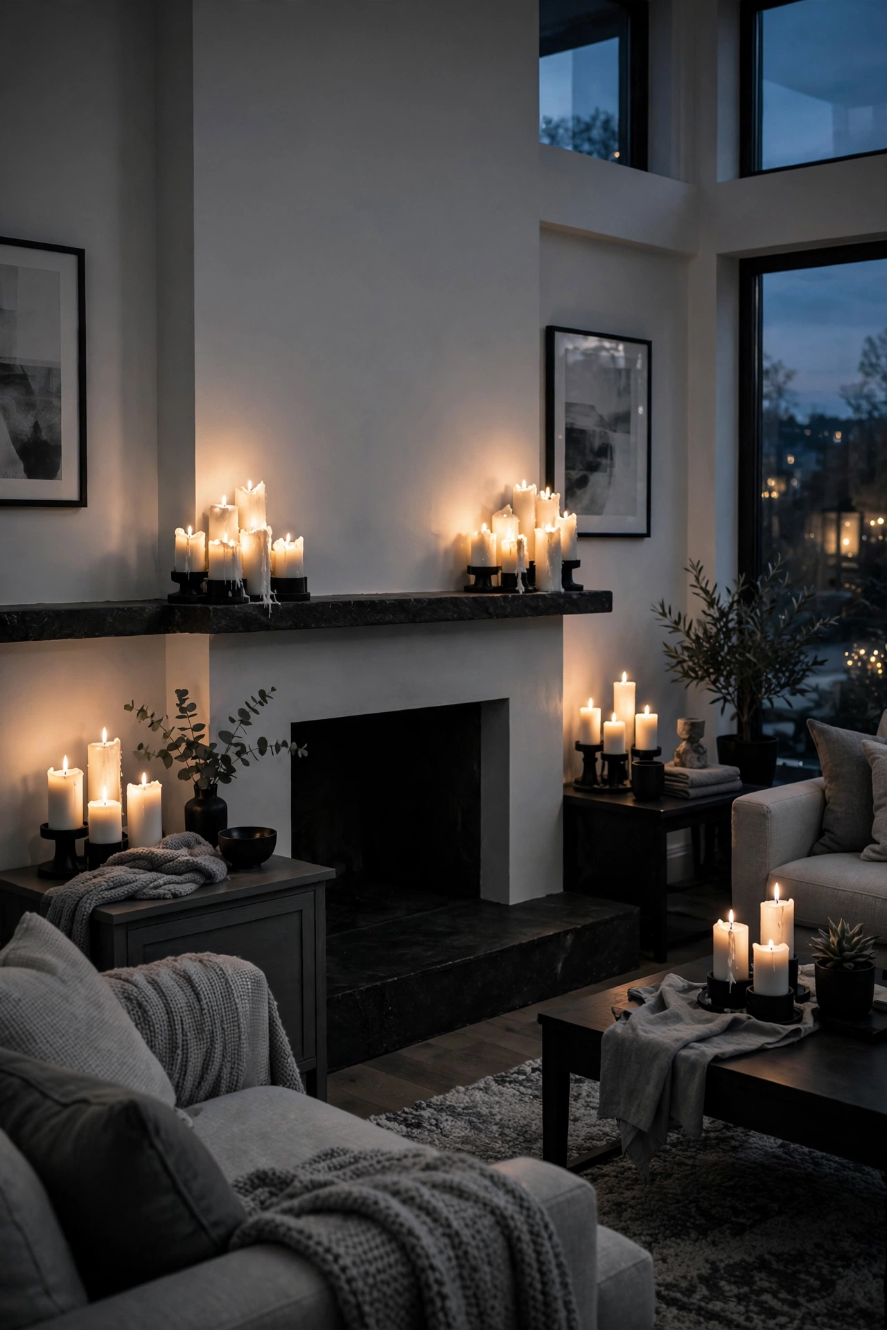 Clusters of white candles in black holders glowing on a mantel and tables