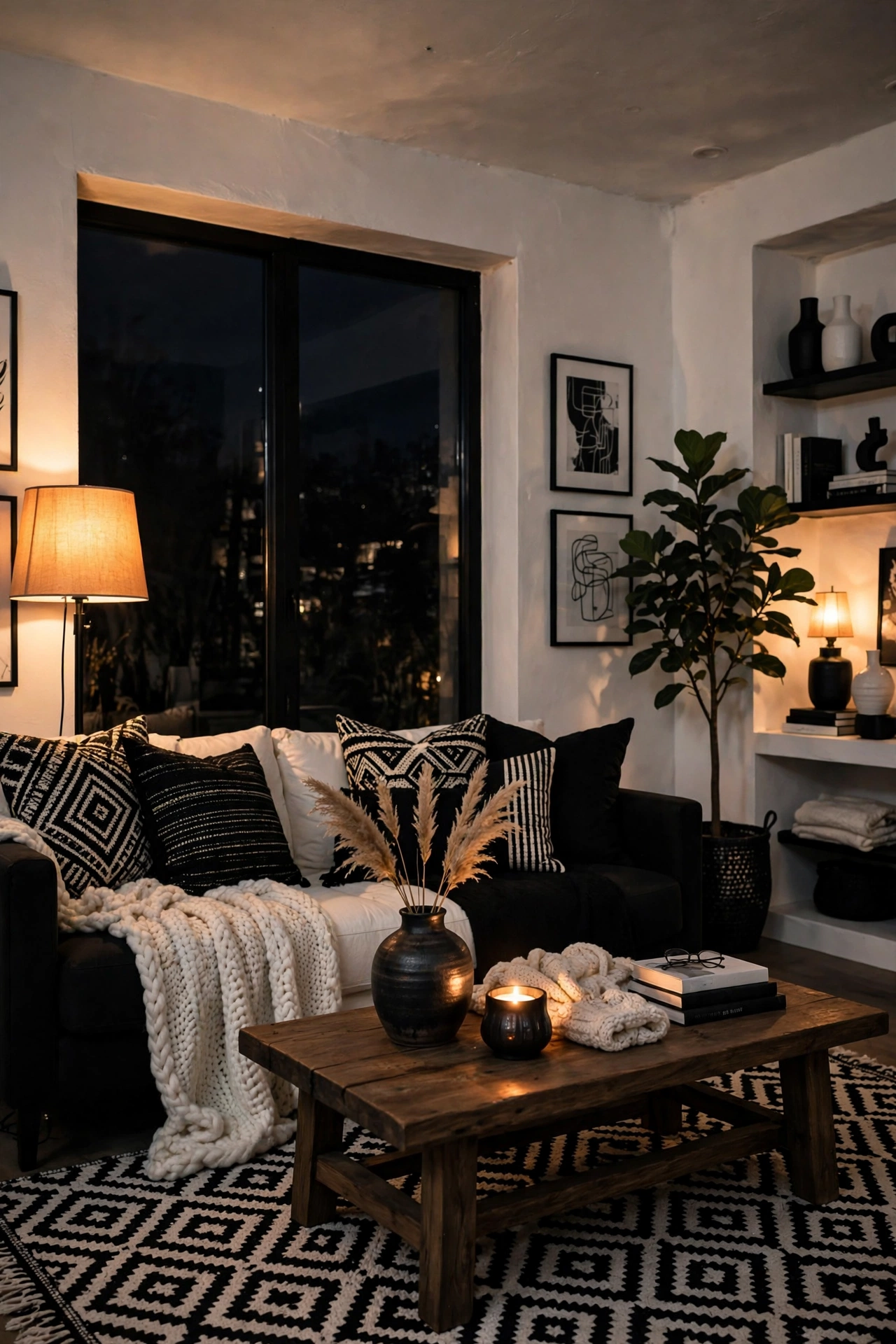 Black and white living room glowing warmly with 2700K warm-white bulbs at night