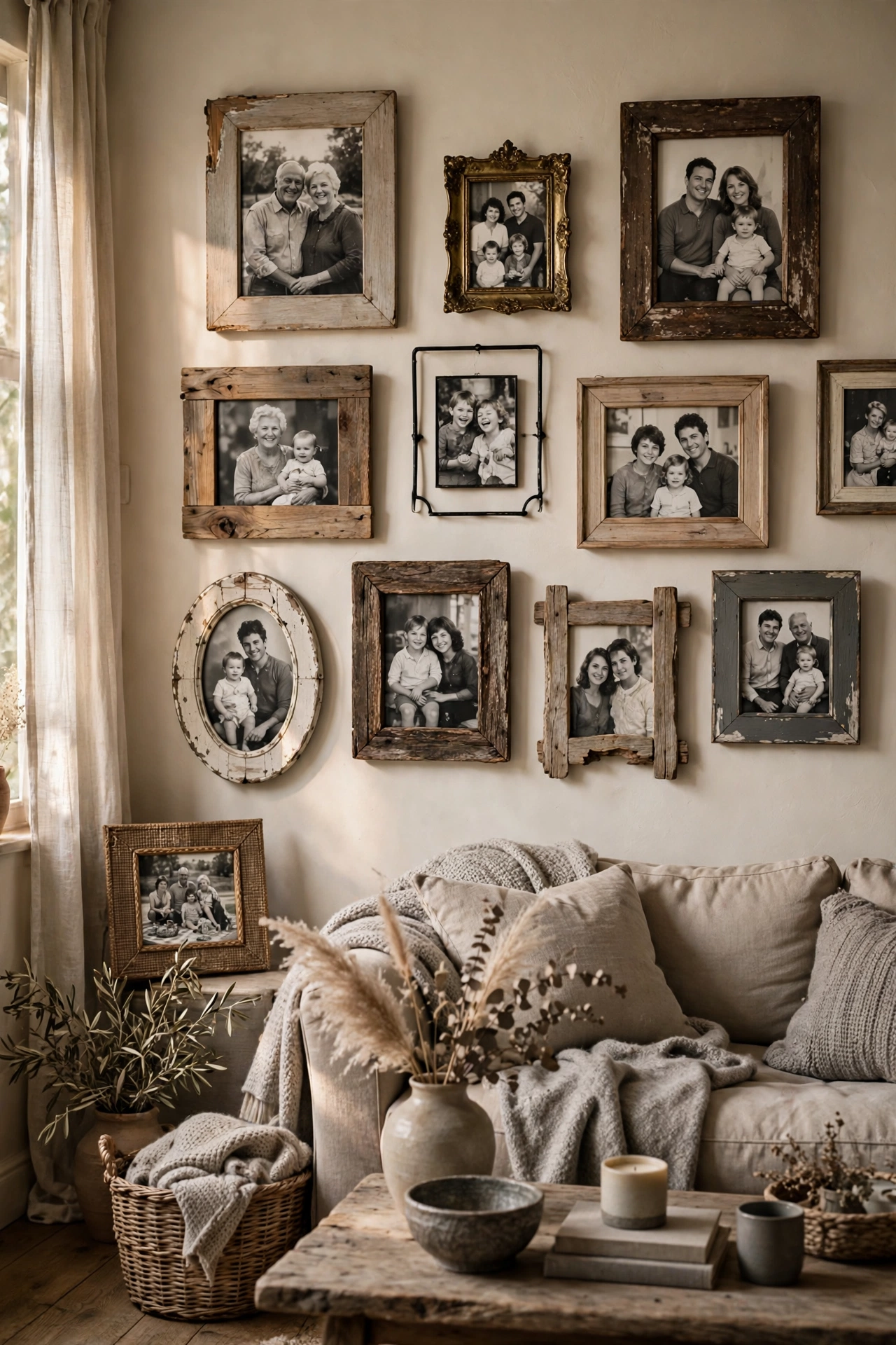 Black and white family photos in thrifted frames adding warmth to a monochrome wall