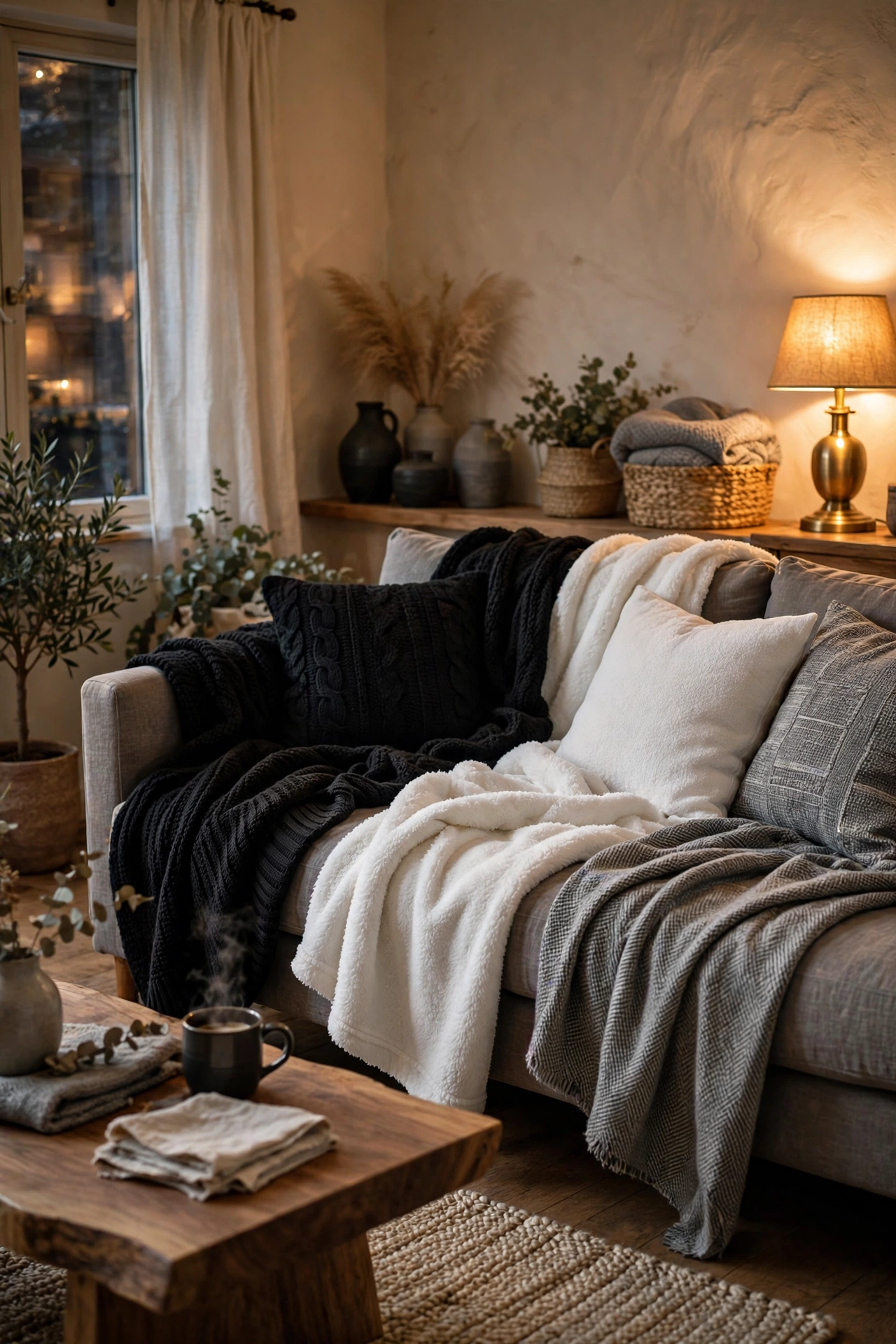 Sofa layered with three throw blankets in black white and gray textures