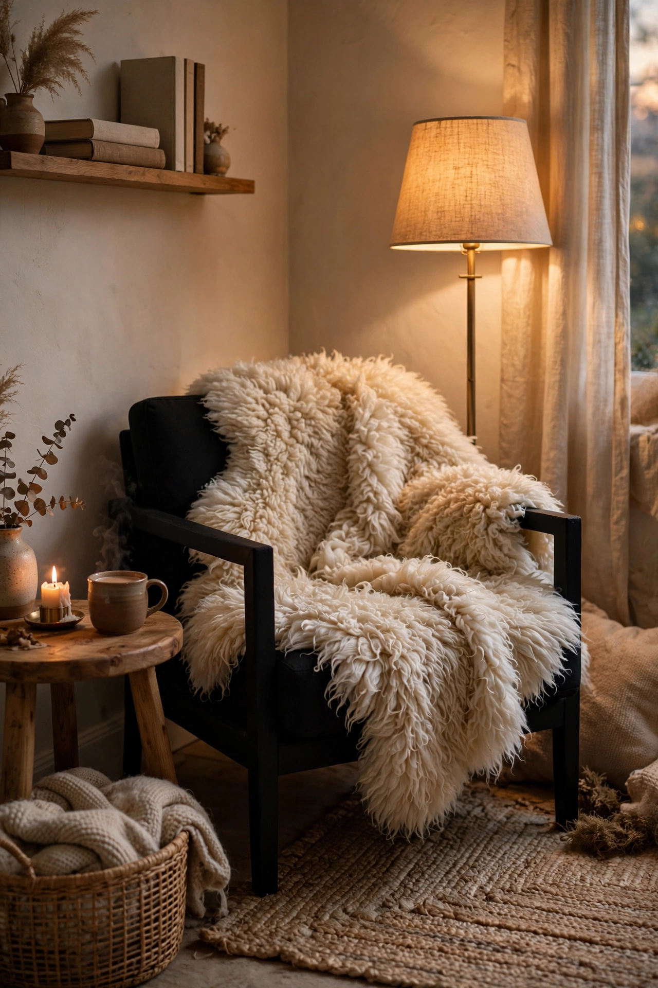 Faux sheepskin throw draped over an armchair in a cozy black and white living room