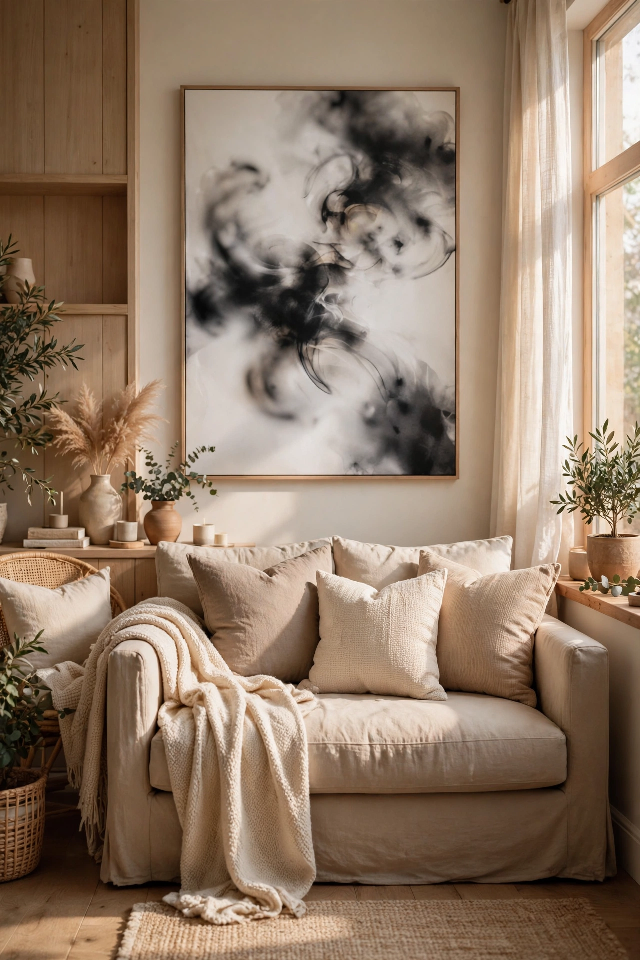 Soft blended black and white abstract painting above a cozy living room sofa