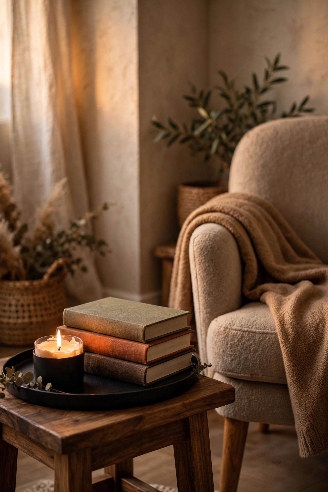Small tray with candle books and space for a mug beside a reading chair