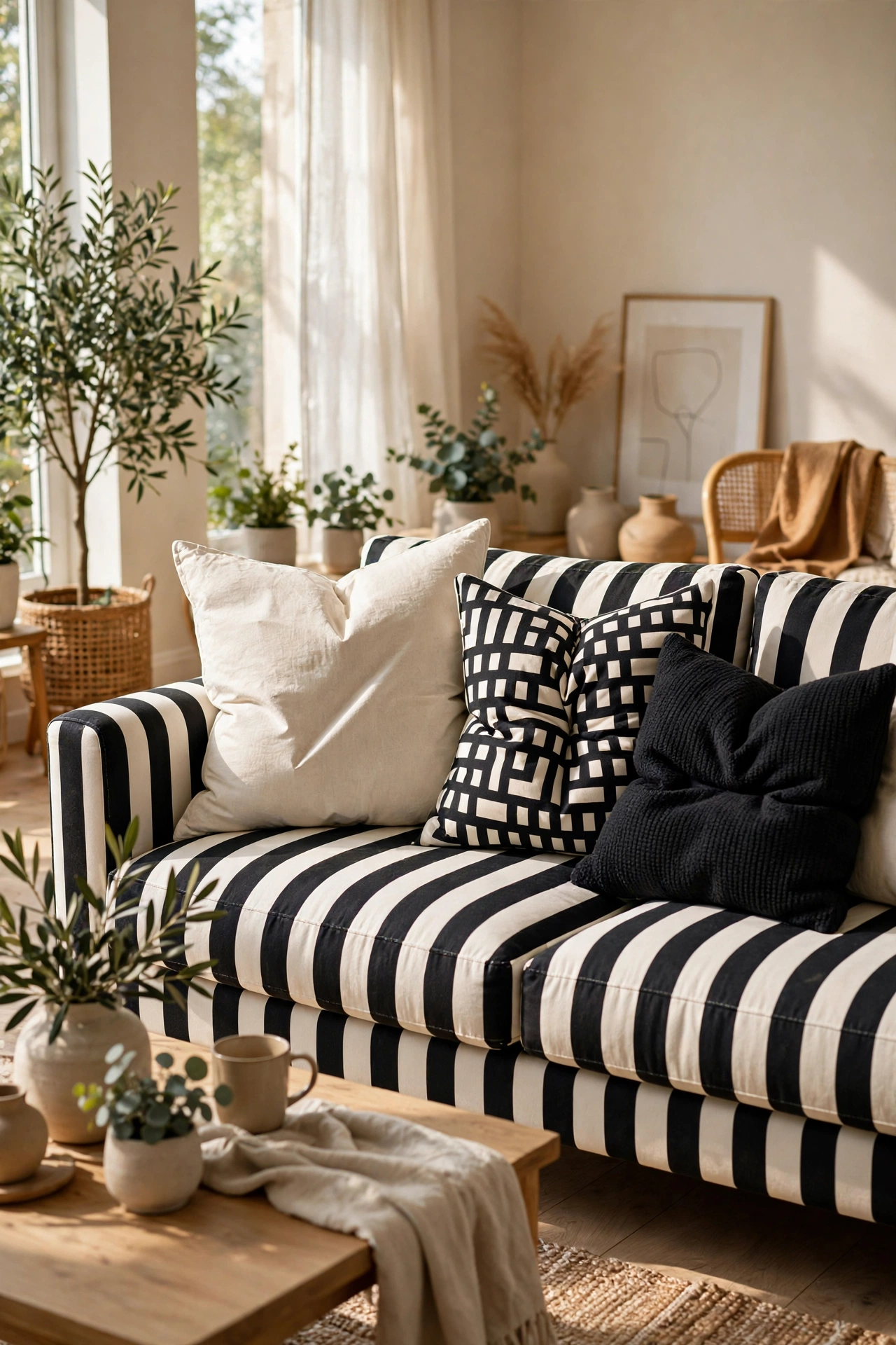 Plump fluffed throw pillows with karate-chop dents on a cozy monochrome sofa