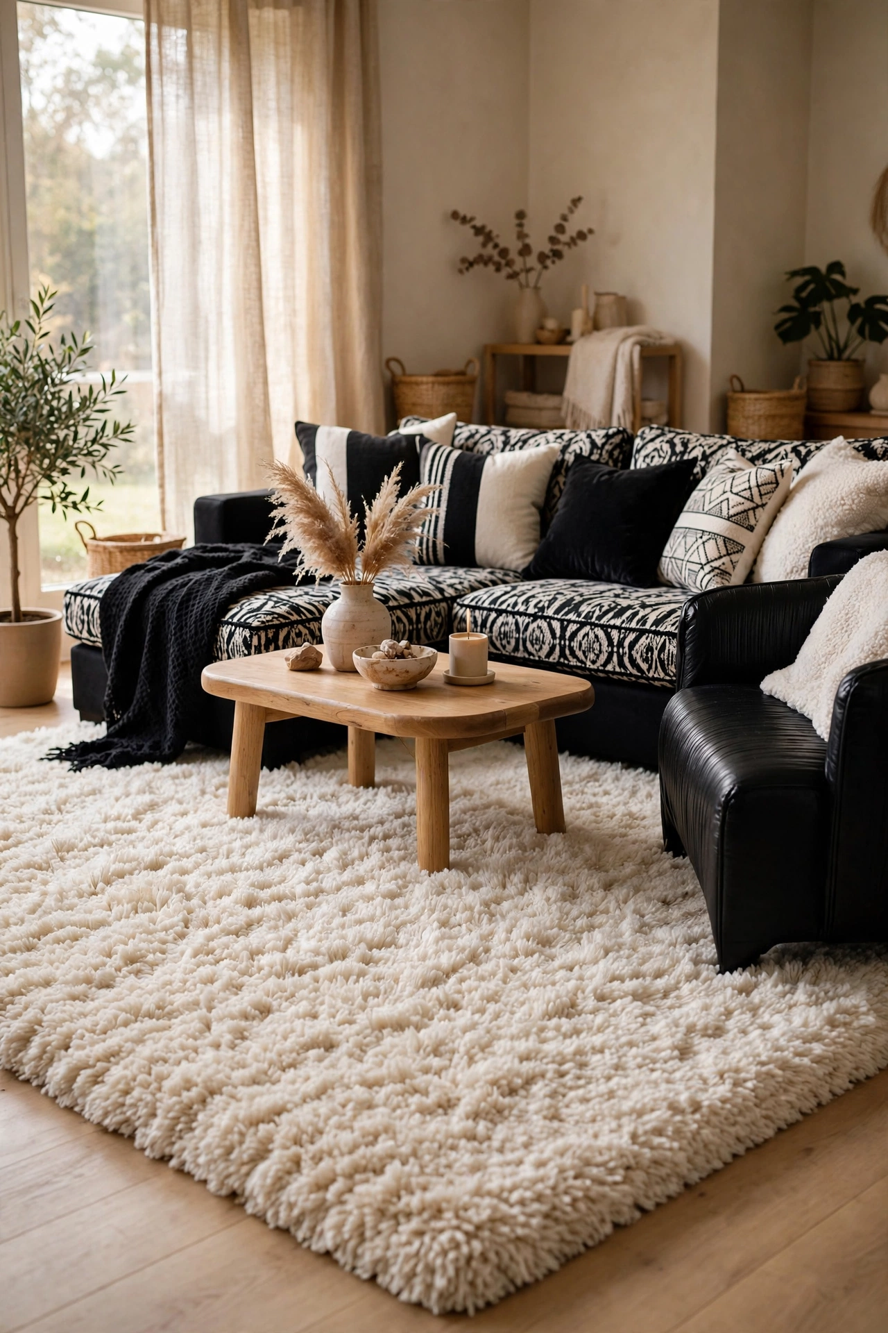 Plush high-pile light gray rug making a black and white living room feel soft
