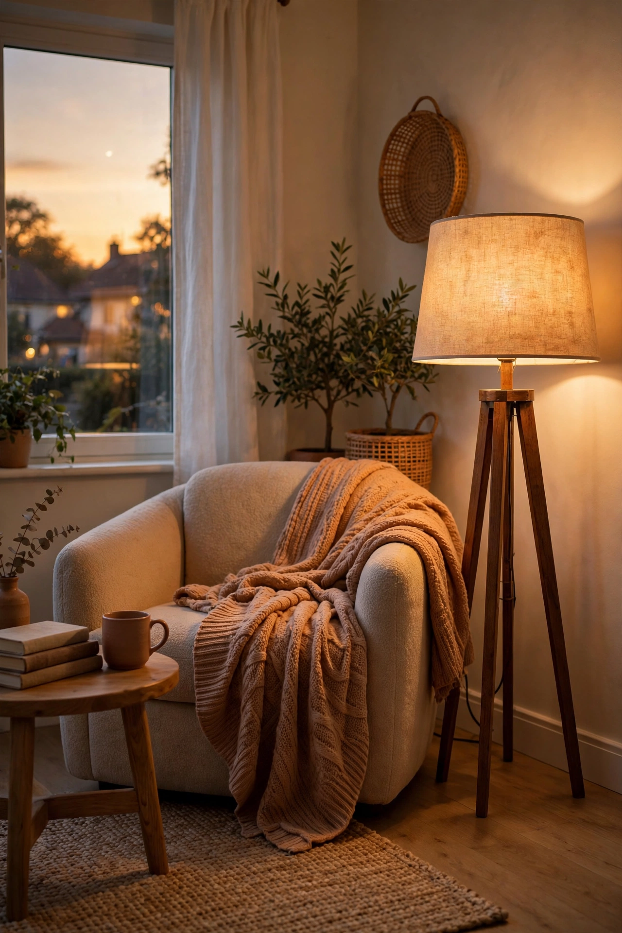 Floor lamp with a linen shade casting a warm pool of light in a reading corner