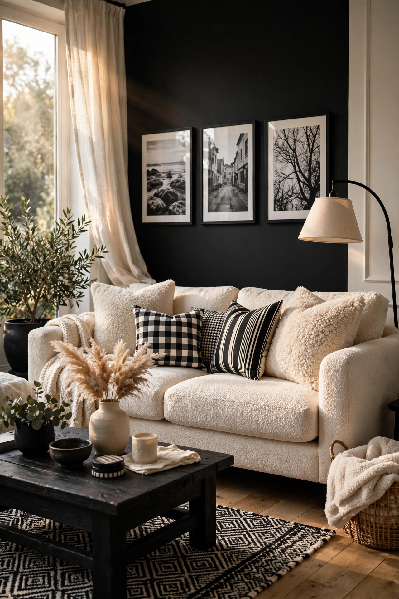 Cream boucle and sherpa throw pillows adding touchable texture to a monochrome sofa