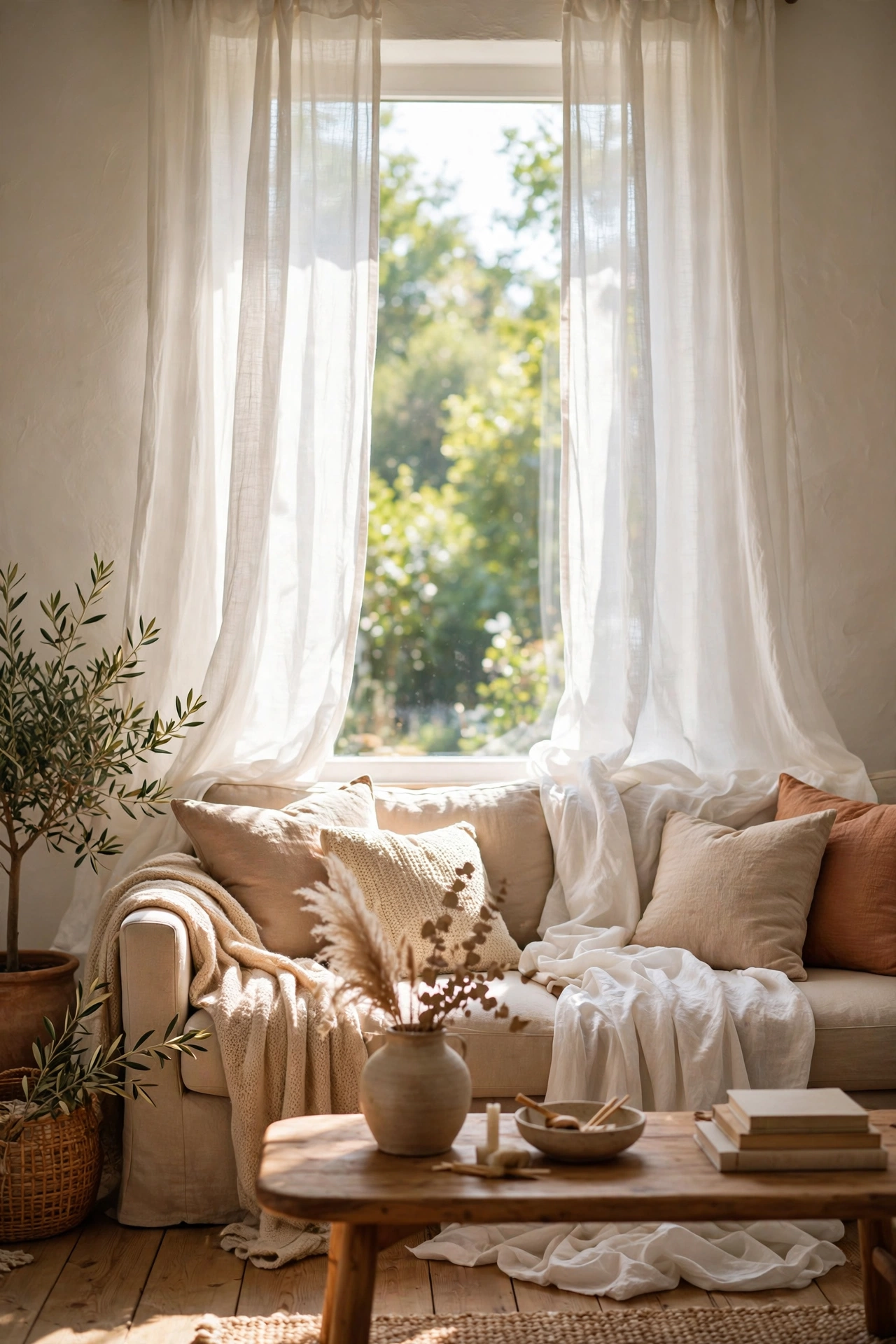 White curtains puddling softly on the floor for a romantic cozy window
