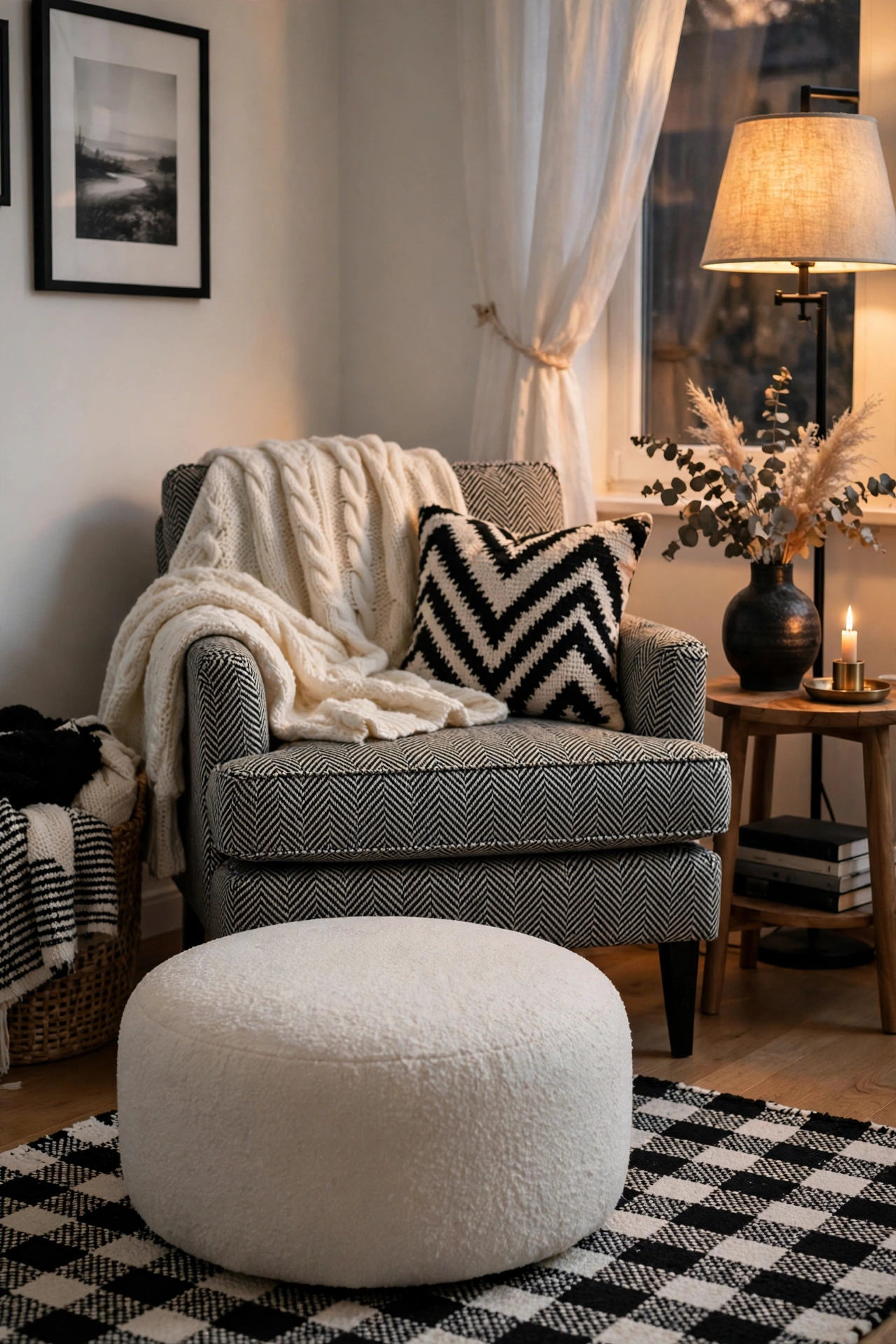 Soft round ottoman for feet in front of a cozy reading chair