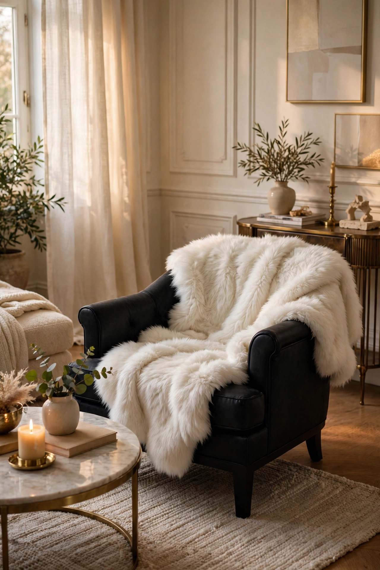 White faux fur throw draped over a black armchair in a cozy monochrome room