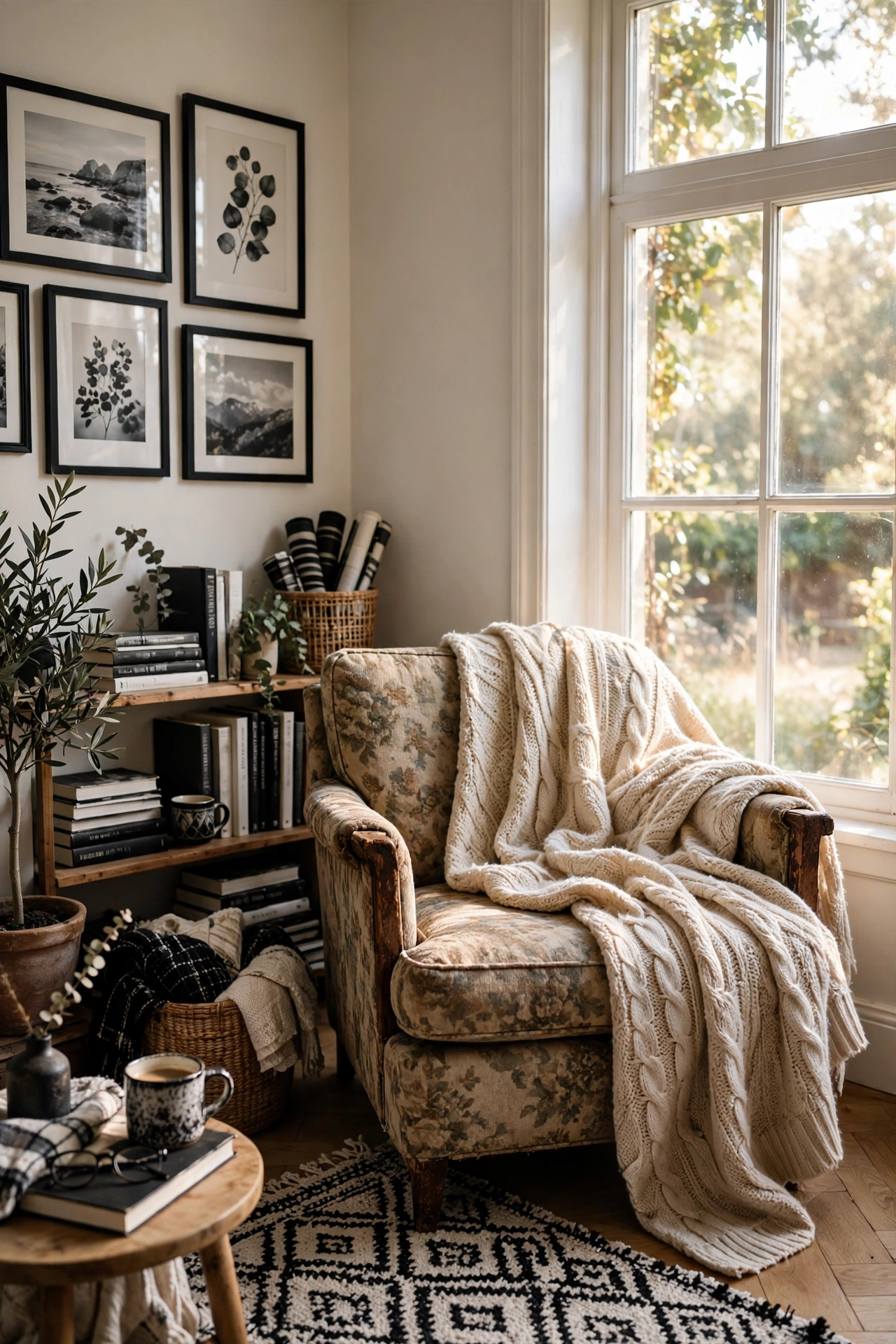 Thrifted armchair with a throw and pillow styled as a cozy reading spot by a window