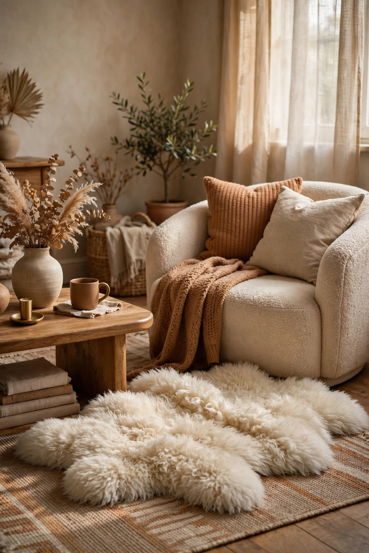 Faux sheepskin rug layered over a flat rug for extra warmth in a seating area