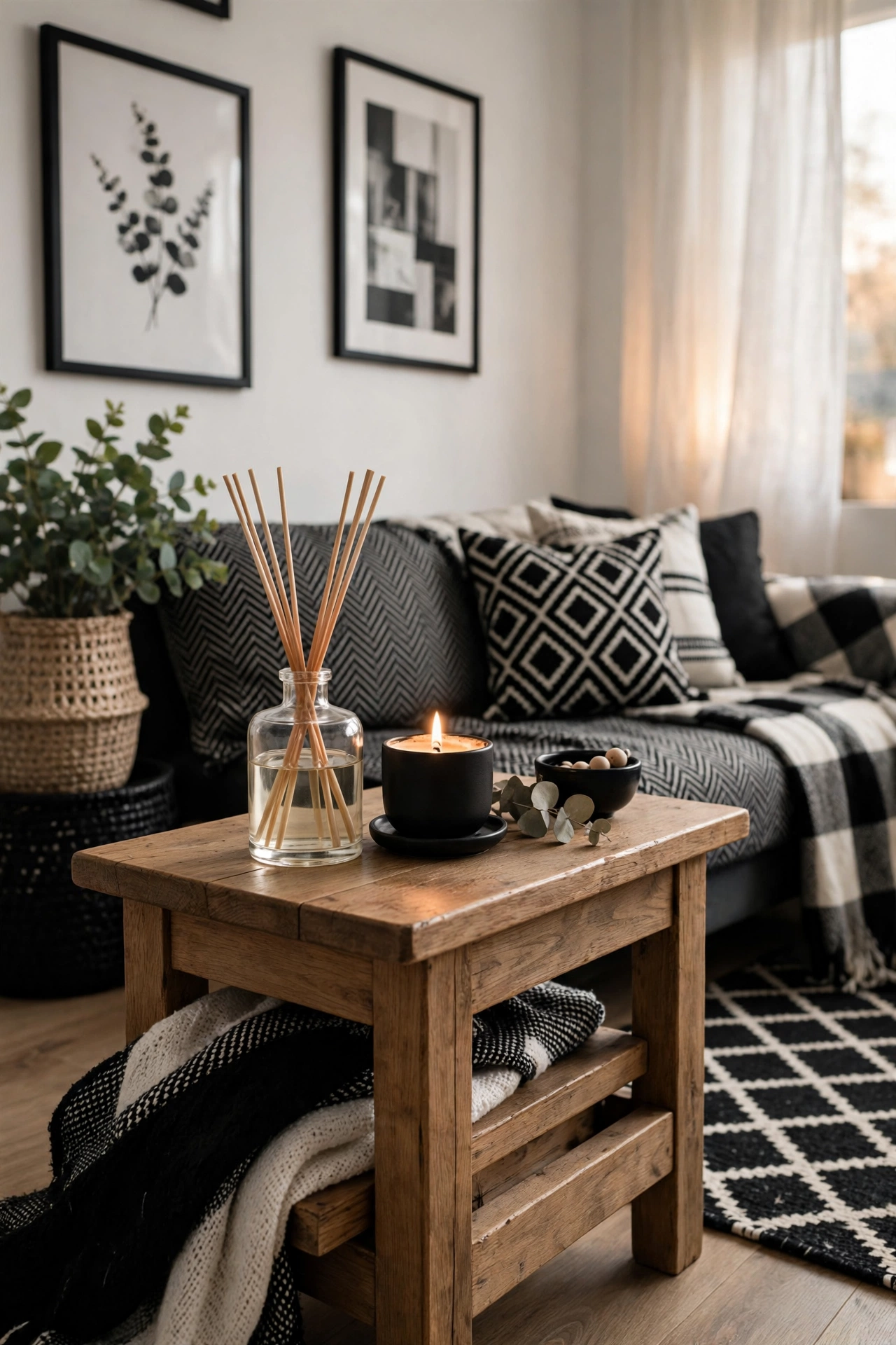 Reed diffuser with warm amber scent on a console in a cozy living room