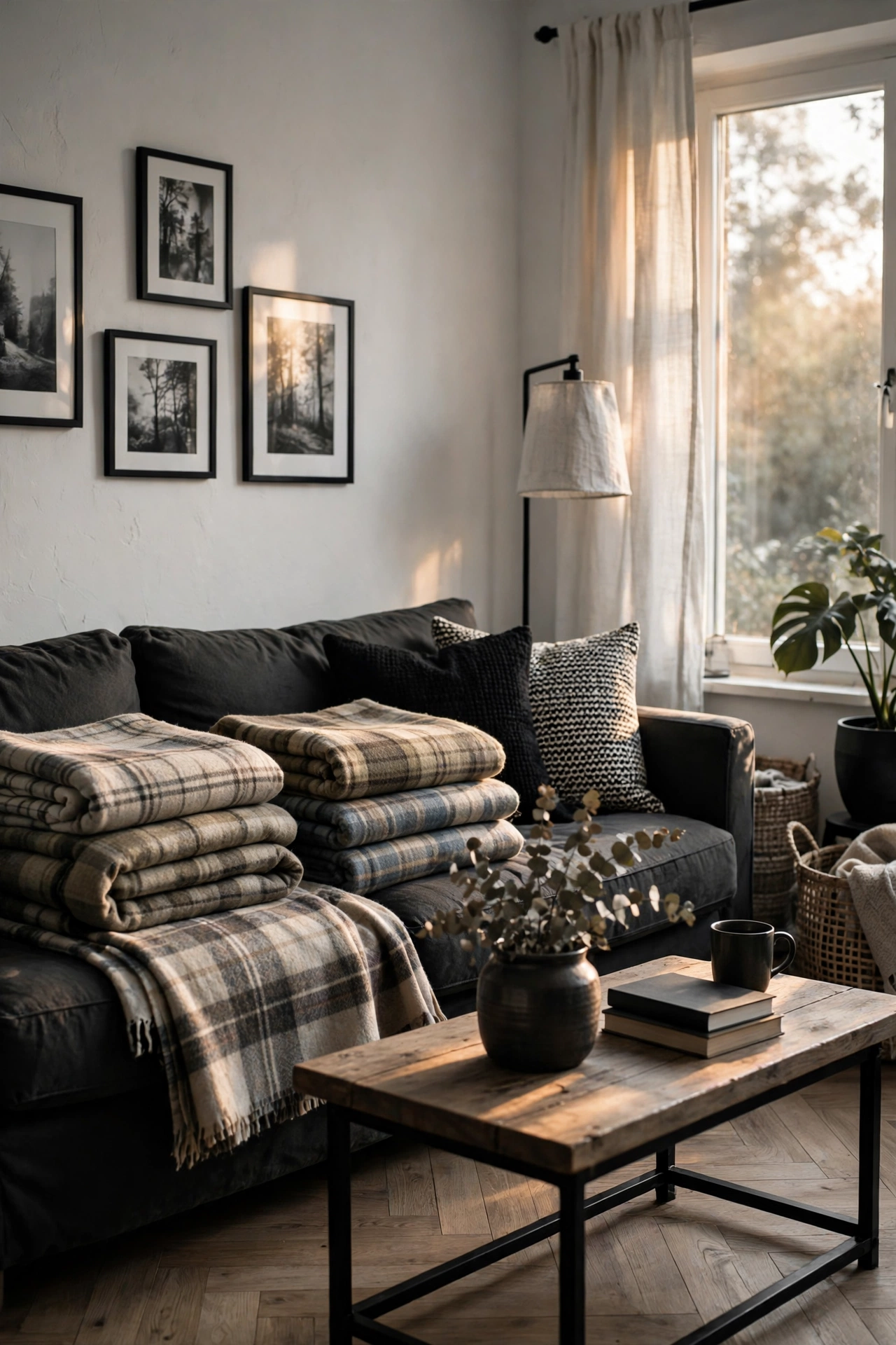 Thrifted plaid wool blankets folded on a sofa in a cozy monochrome living room