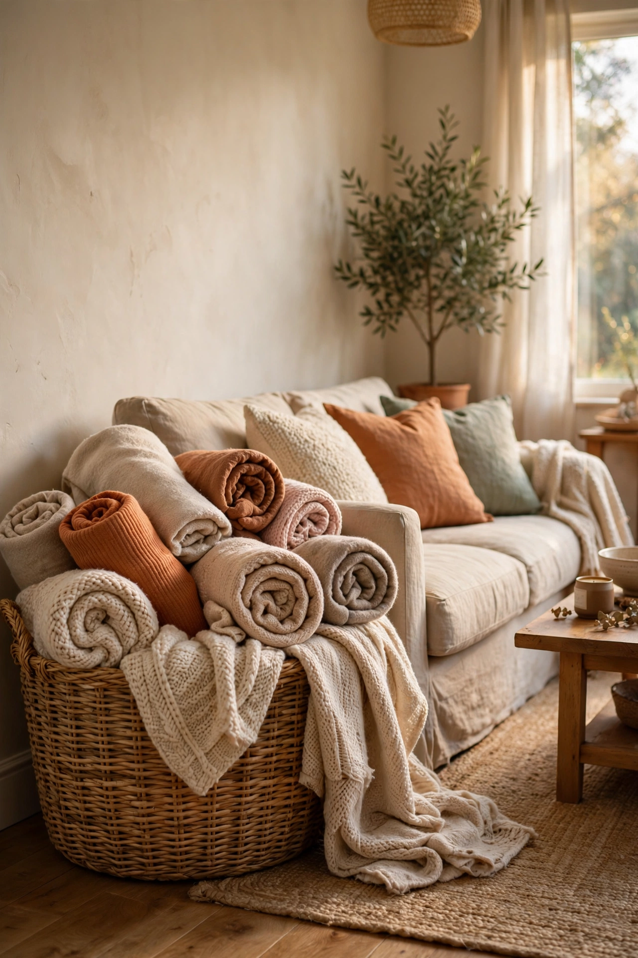 Large basket overflowing with rolled throw blankets beside a sofa