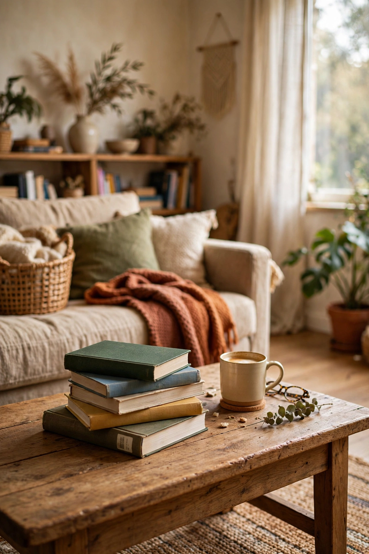 Coffee table styled with a stack of library books in a lived-in cozy living room