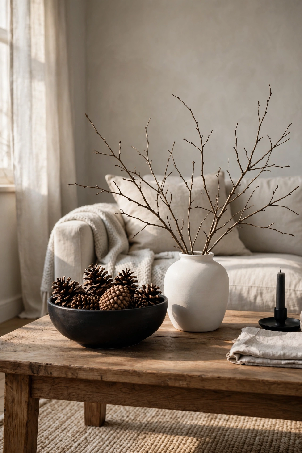 Black bowl of pinecones and white vase with branches as free natural decor